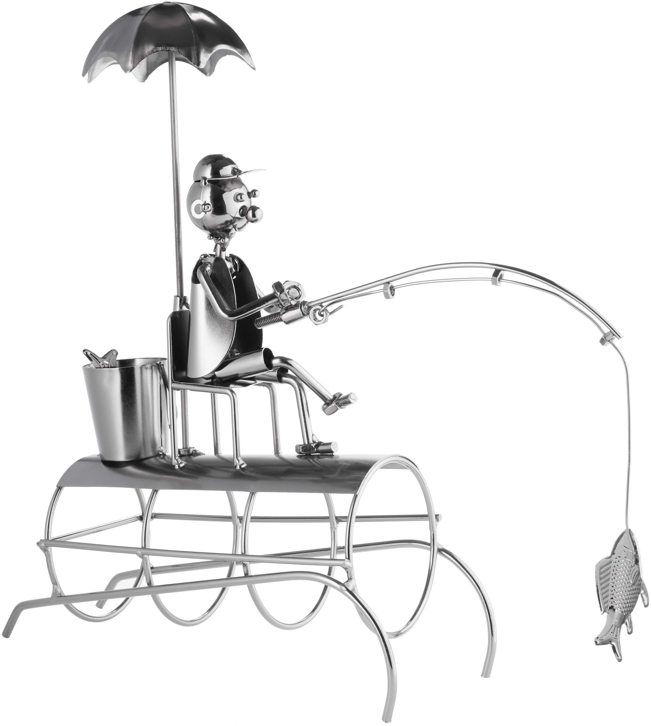 BRUBAKER - Porte-Bouteille de vin - Pêcheur sous Parasol - Sculpture en Métal - Carte de voeux INCL. - Idée Cadeau Originale