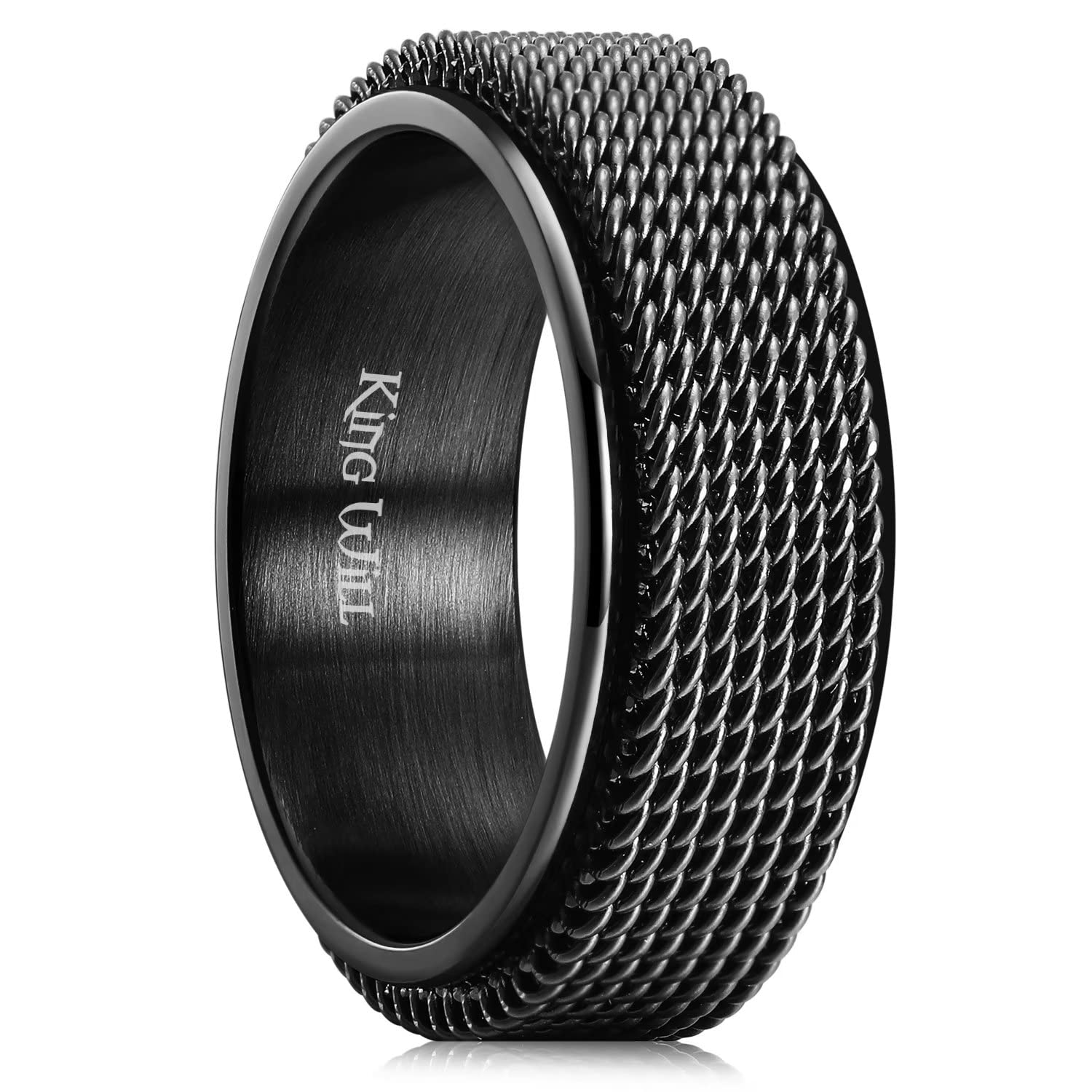 King Will Black Silver Gold Mens Spinner Anxiety Fidget Ring 8mm Stainless Steel Wire Mesh Chain Woven Mesh/Tire Stripe/Groove Ring for Stress