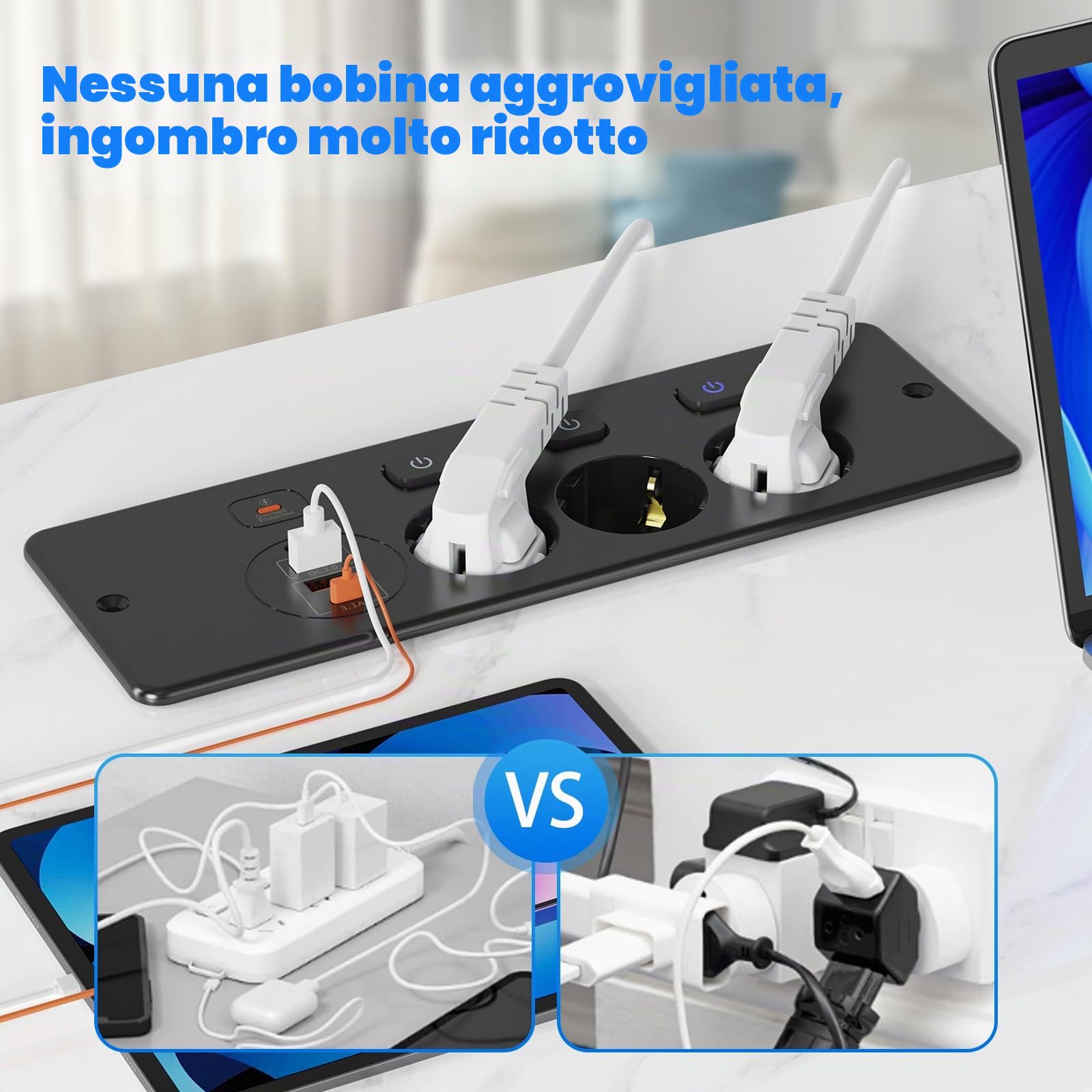 Presa da incasso USB, 3 presse da tavolo con interruttori singoli, ciabatta 2m, USB-C, presa per tavolo cucina, nero