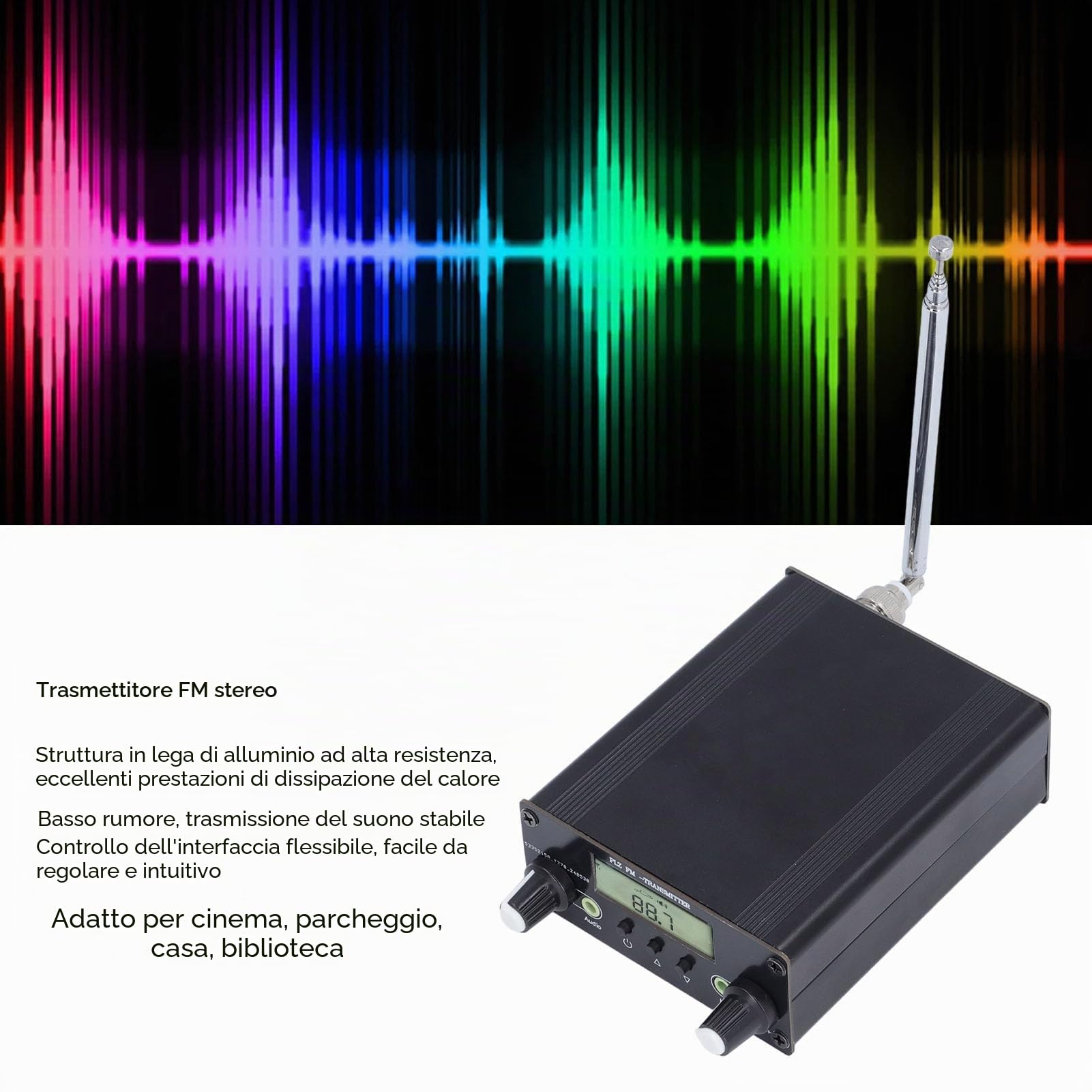 Naroote Trasmettitore FM Stereo, Trasmettitore Trasmissione FM DC12V, Stazione Radio a Lungo Raggio con Jack Audio per Microfono da 3,5 Mm e Portata 76-108 MHz per Teatri, Case
