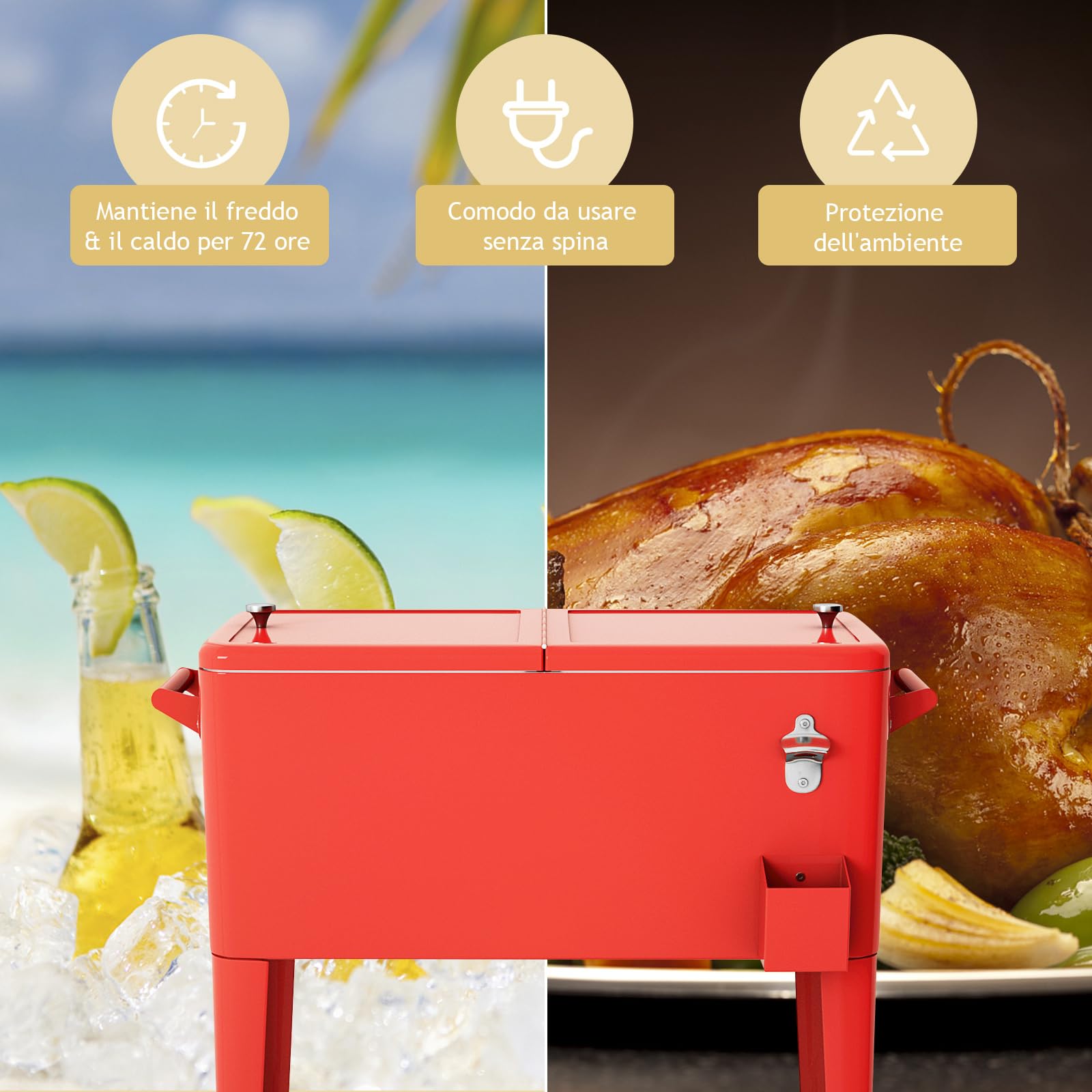 COSTWAY Carrello Portabevande da Giardino 76L Mantiene Freddo e Caldo con Ruote Rosso