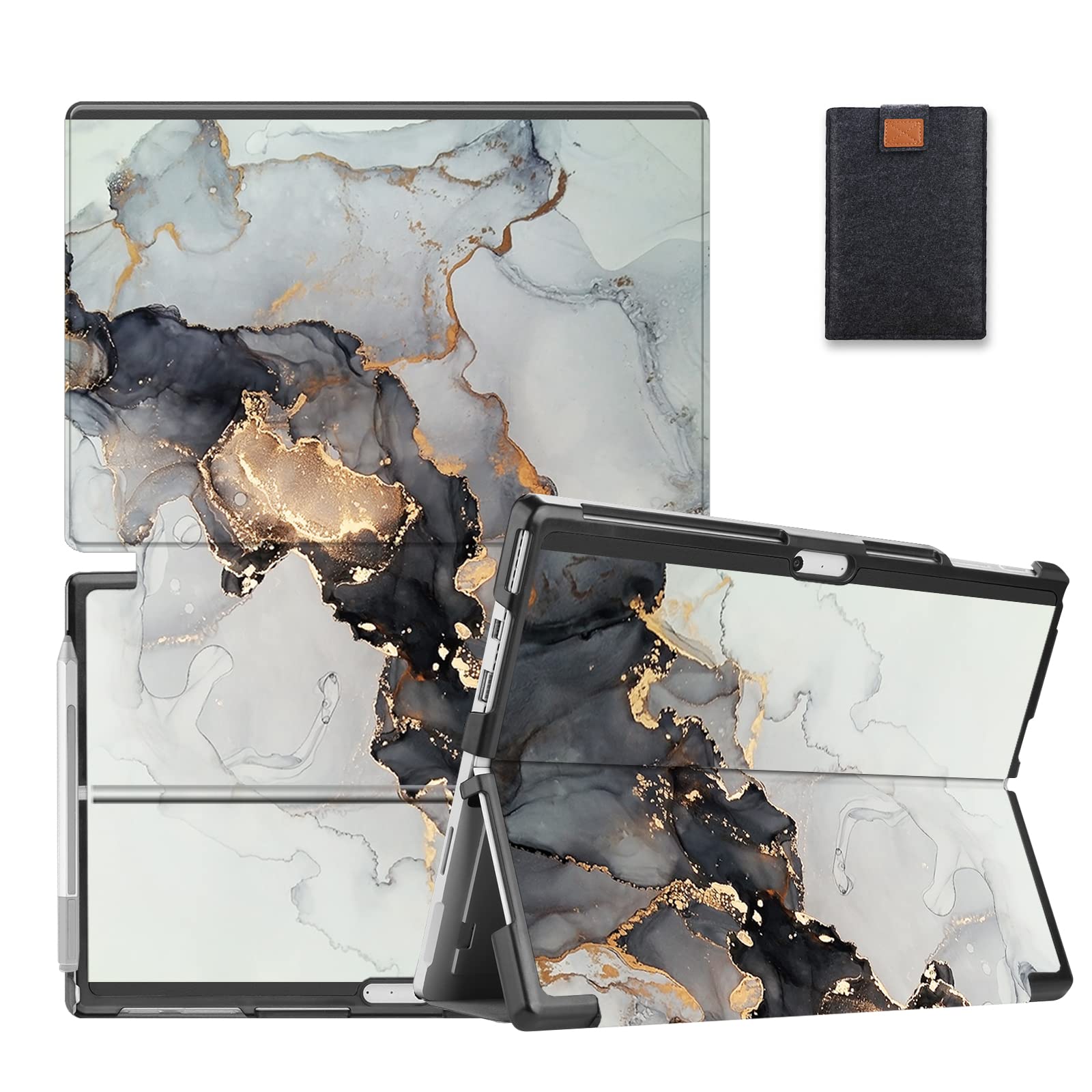 MAITTAO Case for Microsoft Surface Pro 7(2019) Pro 7+ Pro 6(2018) Pro 5(2017) Pro 4(2015) 12.3 inch Tablet, Slim Folio PU Leather Flip Stand Cover Cases with Tablet Sleeve Bag, Gray Marble Texture