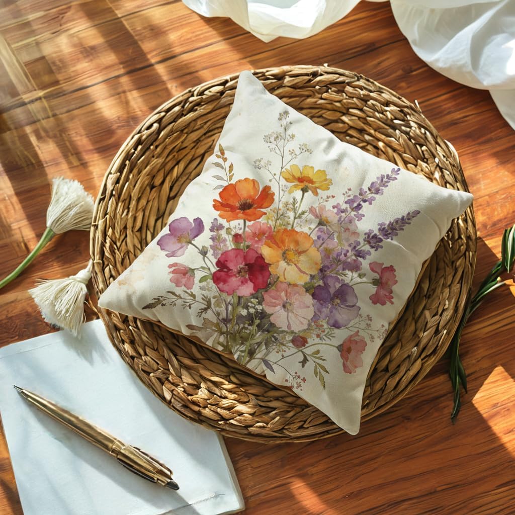 Watercolor Flower Pillow Covers 18x18 Inch,Set of 4 Vintage Wildflower Floral Bouquet Cushion Cover Spring Farmhouse Home Decor Flower Pillowcases for Sofa Patio Bed (Pink/Purple) - Image 6
