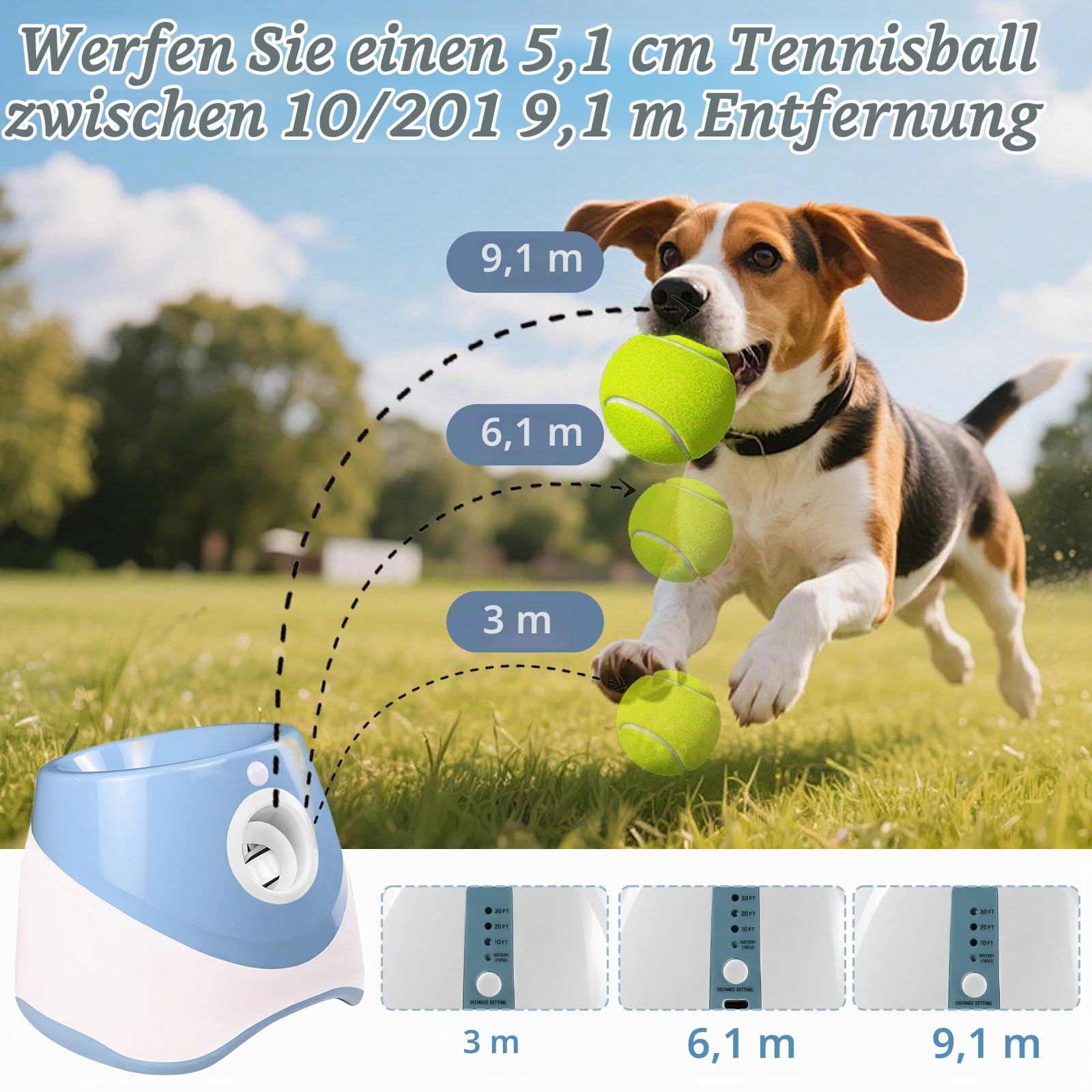 Ballwurfmaschine für Hunde, Ballmaschine Hund mit 6 Tennisbälle, Ballwurfmaschine Hund mit 3 Distanzstufen (3-9M), Interaktive Ballmaschine für Kleine und Mittlere Hunde