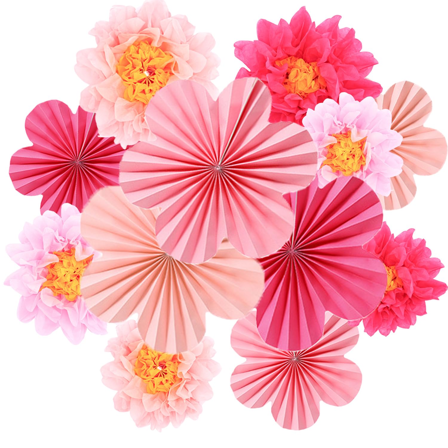 12PCS Paper Flower Fans Decorations, Pastel Hanging Paper Flowers, Birthday Party Decor for Girls, Wedding, Bachelorette, Wall Backdrop Decor（Hot Pink）