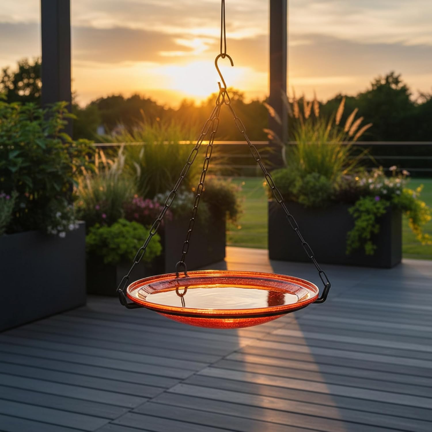 Red Crackle Bowl Fourteen Inch Decorative Glass Feeder Dish Rail Mount Outdoor Garden Balcony Bird Accessory