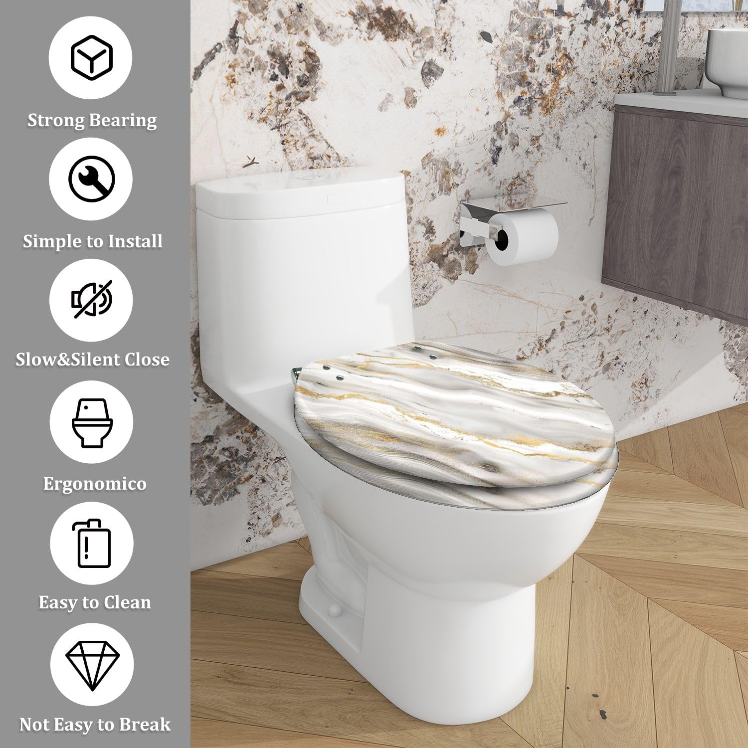 TRANQDEHOM Elongated Toilet Seat White gold marble texture Resin Toilet Seat Quietly Close Quick Release Hinges Decorative Toilet Seat with Cover Easy to Install, Style 6