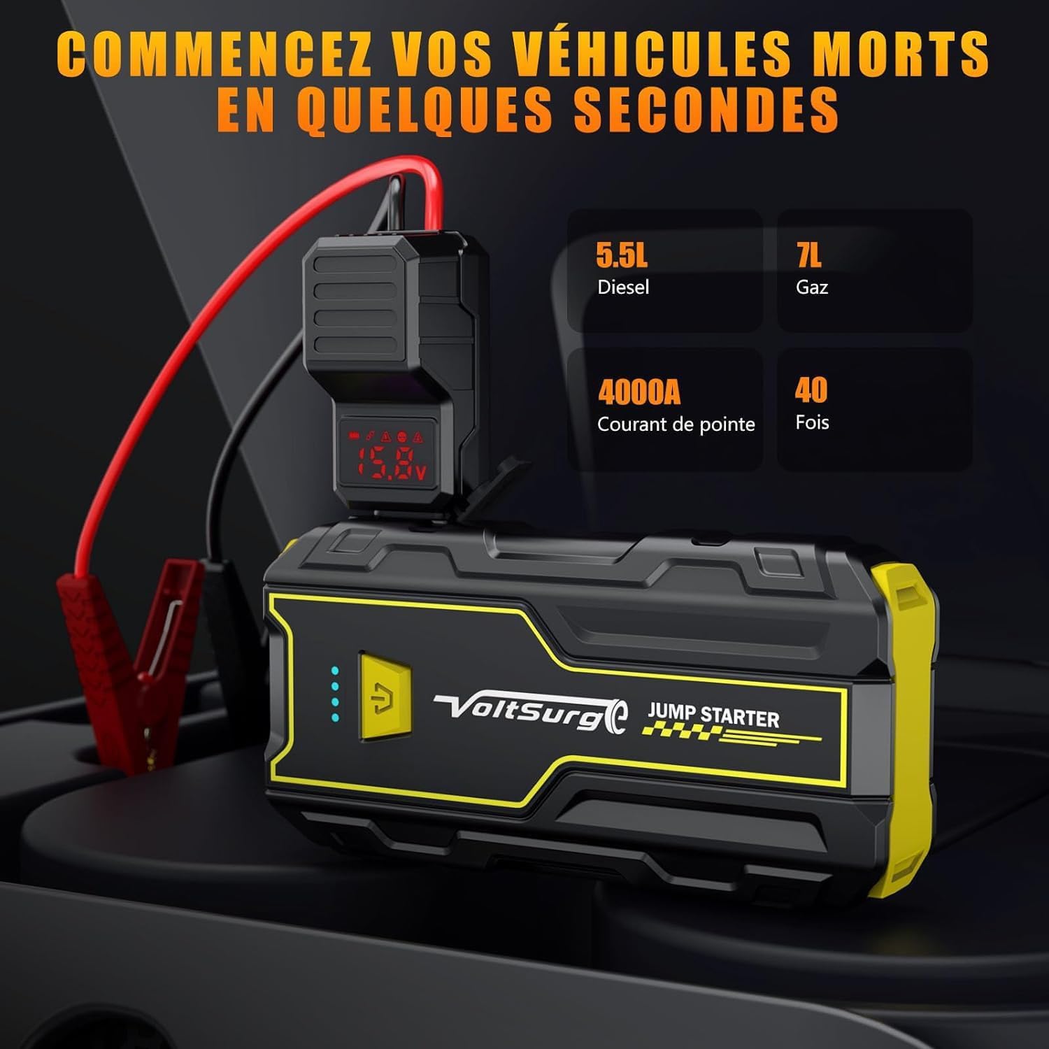 VoltSugre Booster Batterie Voiture 4000 Amp (7.0L+ Essence / 5.5L+ Diesel) Démarreur Portable Jump Starter Puissant pour Batterie au Lithium 12V (D01)
