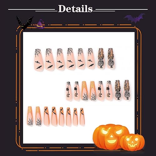 Miniatura 3 de Uñas postizas a presión con punta francesa naranja para Halloween, uñas postizas largas con diseños de murciélago araña negra, uñas acrílicas