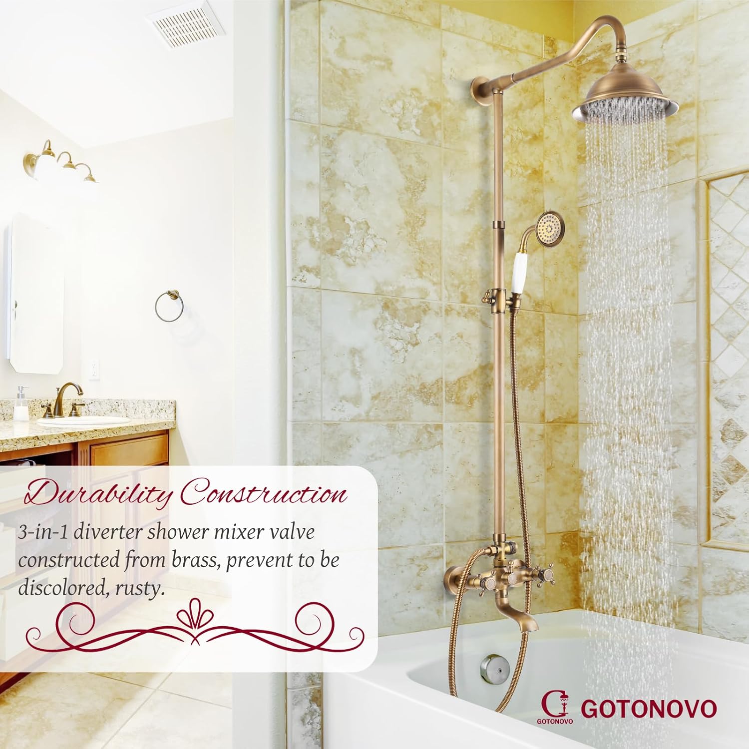 Gotonovo Exposed Antique Brass Shower System Set - 8" Rain Shower Faucet Fixture With 2 Double Knobs Handle, Triple Function Tub Spout Combo Unit