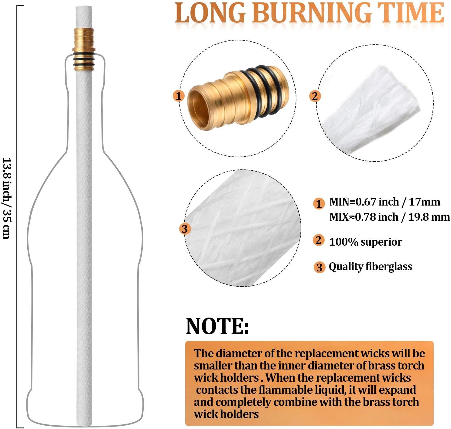 Nuanchu 24 Pieces Wine Bottle Torch Wicks Kit Include 12 Pieces Brass Torch Wick Holders with Washer and 12 Pieces Fiberglass Torch Replacement Wicks for DIY Homemade Torch Indoor Outdoor Decor