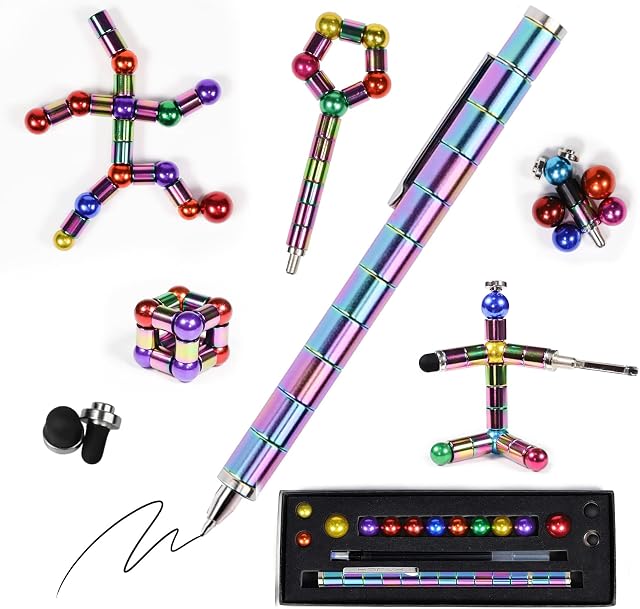 Magnetic Fidget Pen, Decompression Pen, Writing Ballpoint Pen Fidget Toys, DIY Metal Anxiety Relief Building Blocks, Fun Toys, Creative Gift for Family Friend (color,A)