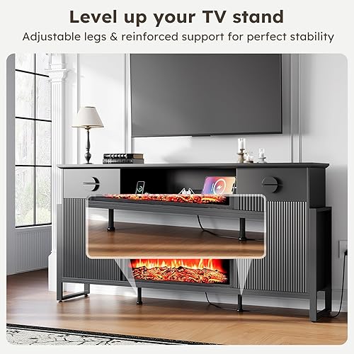 Miniatura 6 de LGHM - Soporte de TV con chimenea de 70 pulgadas para televisores de hasta 80 pulgadas, soporte de TV estriado con chimenea de 30 pulgadas y tomas