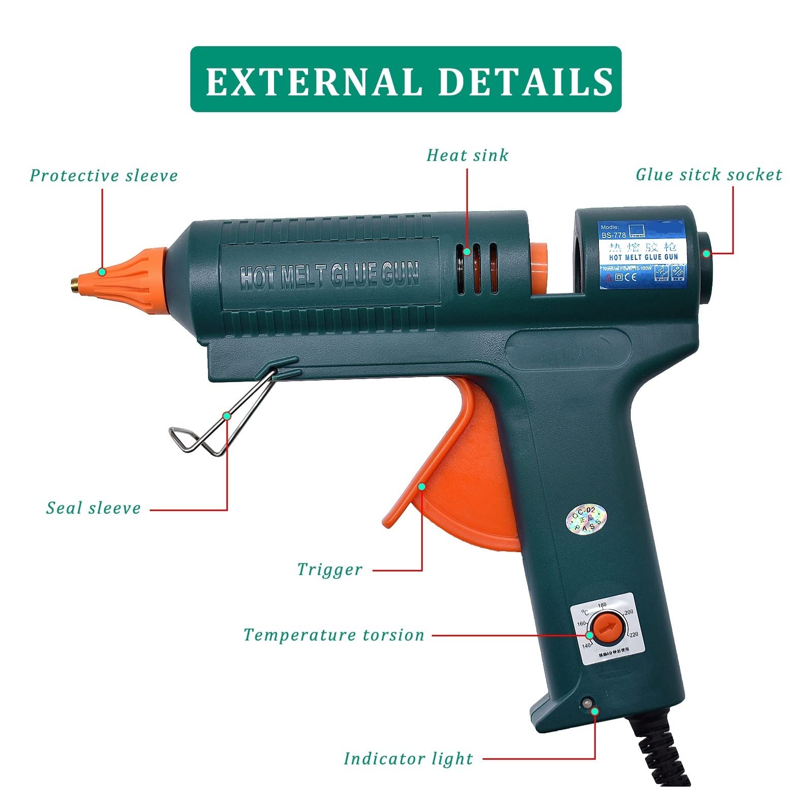 Pistolet do Kleju, 150W pistolet do klejenia na gorąco Regulacja temperatury 140~220 stopni Celsjusza Wymienna dysza Użyj 11mm kleju w sztyfcie do domu DIY, prezentów świątecznych, rękodzieła(SET-7)