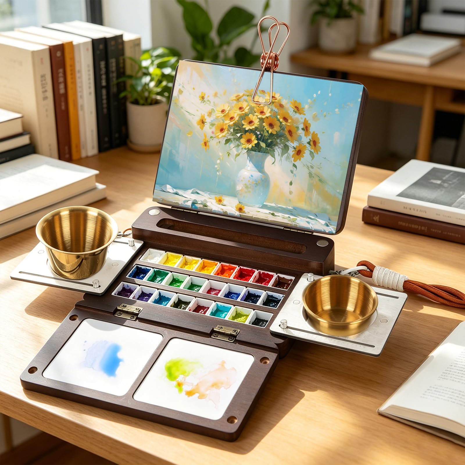 Ensemble de palettes d'aquarelle en bois, boîte de palette d'aquarelle portable de voyage pliable pour peinture en plein air et peinture en studio