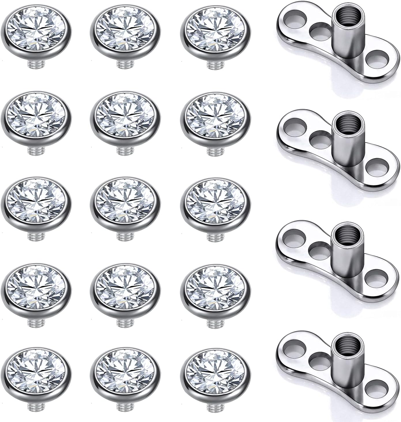14G Surgical Steel Internally Threaded Dermal Anchor Base Microdermals Piercing for Women Men, 14-19pcs Cubic Zirconia Dermal Anchor Tops 2.5mm 3mm 4mm