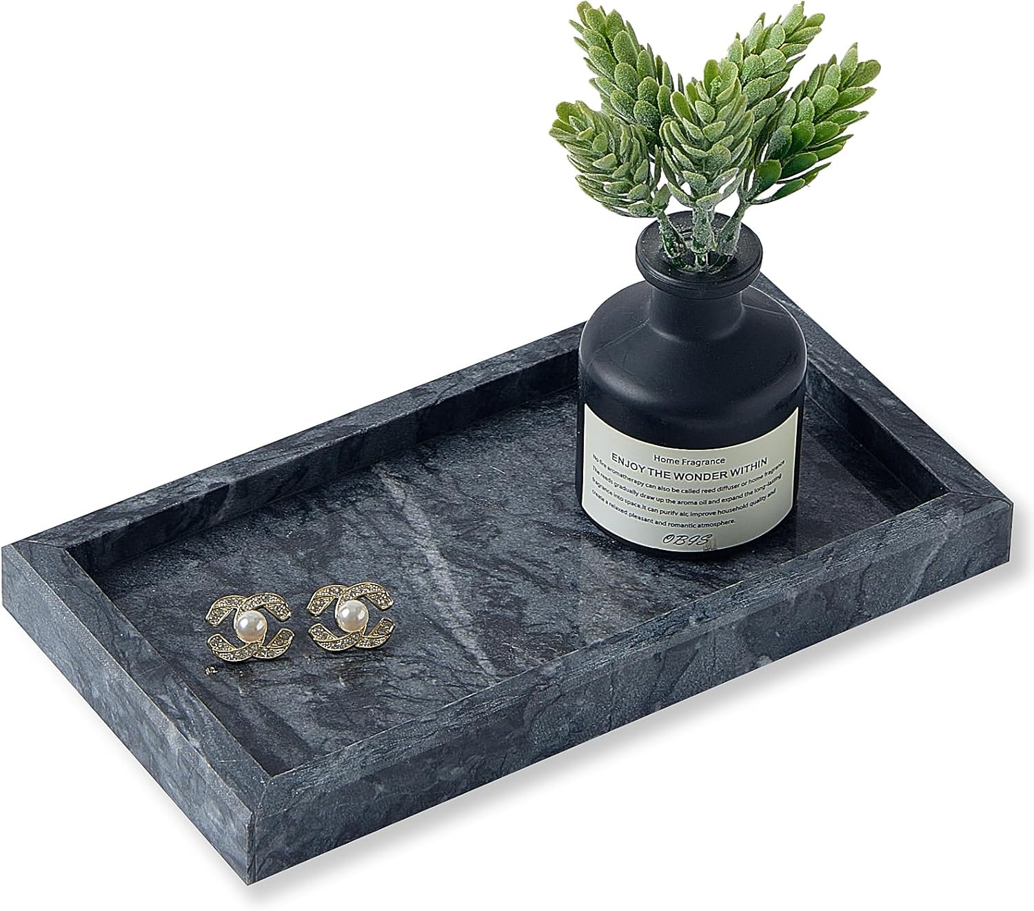 Natural Small Marble Vanity Tray, Luxury Stone Organizer for Bathroom & Kitchen | Holds Soap Dispenser, Jewelry, Perfume | Non-Resin, Non-Ceramic Décor (Black, Mini (7.9" x 4.3" x 0.78"))