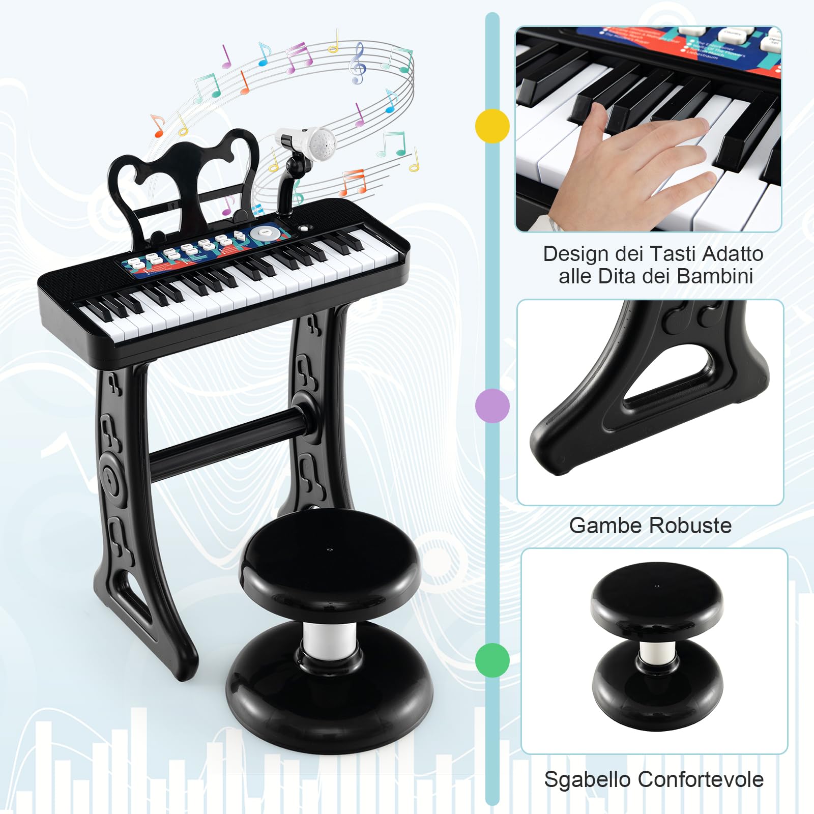 RELAX4LIFE Pianoforte per Bambini con 37 Tasti, Tastiera Musicale con Microfono, Leggio e Sgabello, Funzioni di Record e Playback, Regalo di Natale/Compleanno (Nero)