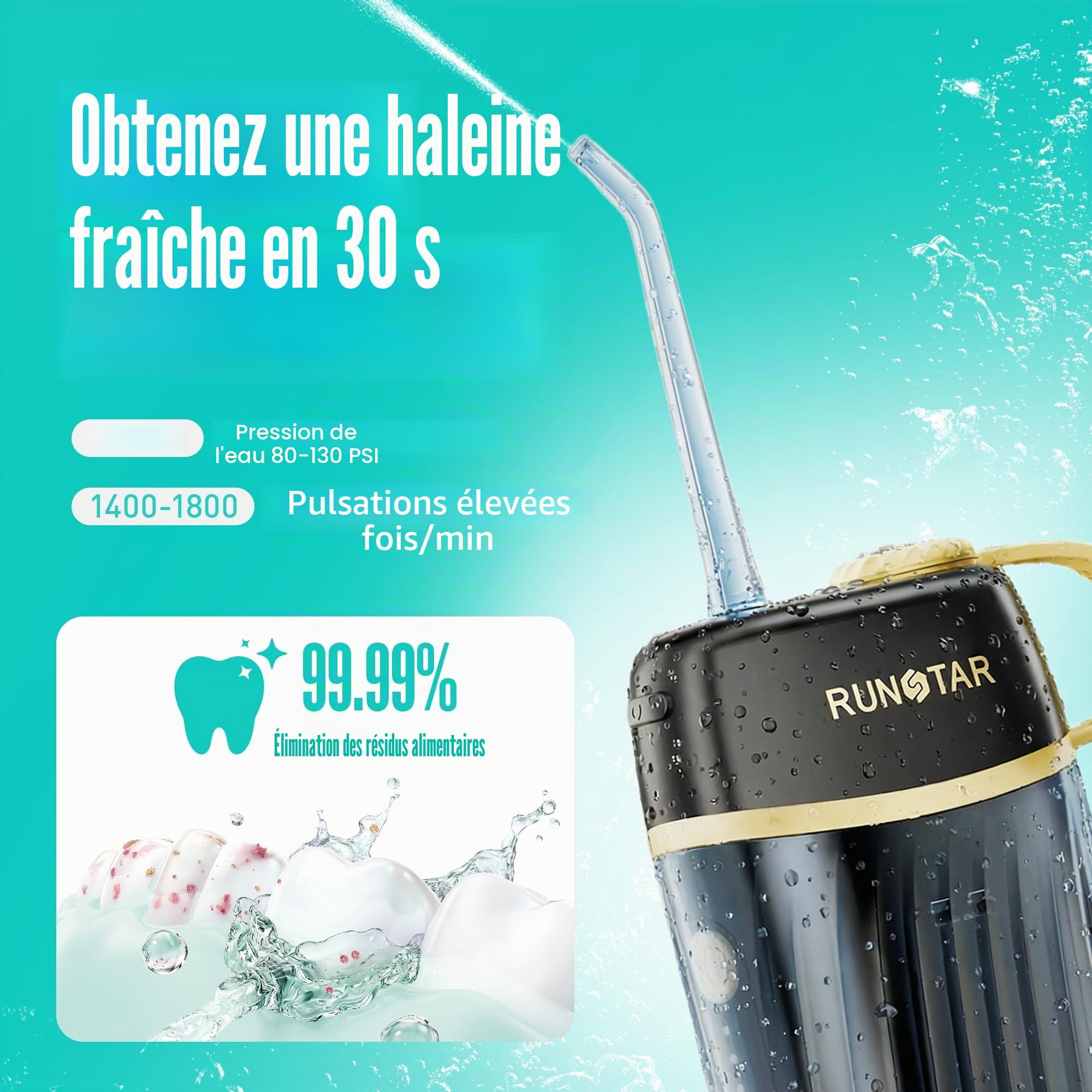 Runstar Hydropulseur Jet Dentaire Électrique Mini Portable, 160ml réservoir, 4modes (DIY/Normal/Impulsion/Doux) - Élimine 99% de la plaque dentaire, Soins Hygiène Dentaire pour Voyage et Maison