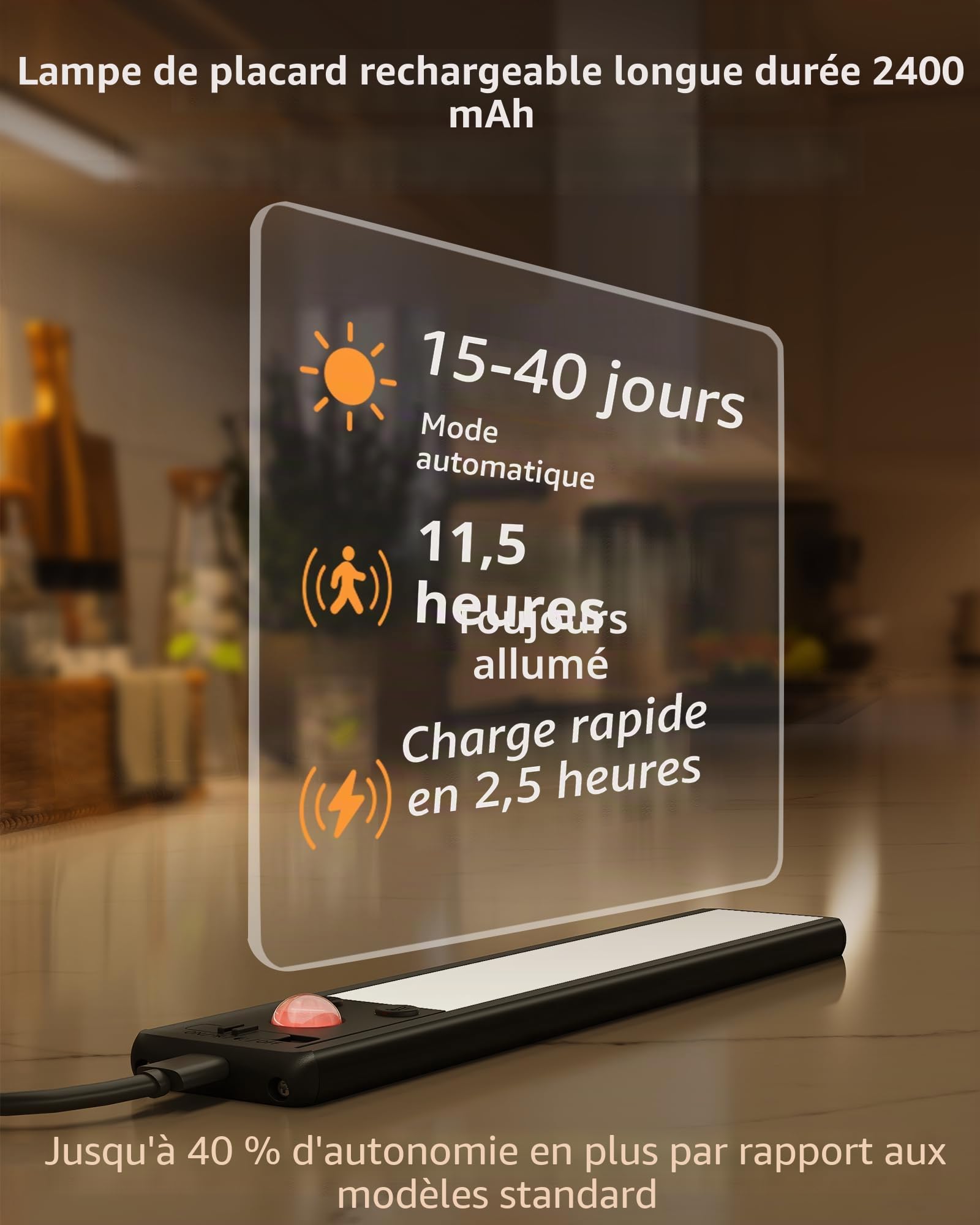 EZVALO Lampe sous-meuble 20 cm, 62 LED Rechargeable USB-C avec Détecteur de Mouvement, Lampe de Placard 1600 mAh 3 Températures de Couleur, Éclairage Intérieur Sans Fil, Noir (Lot de 2)