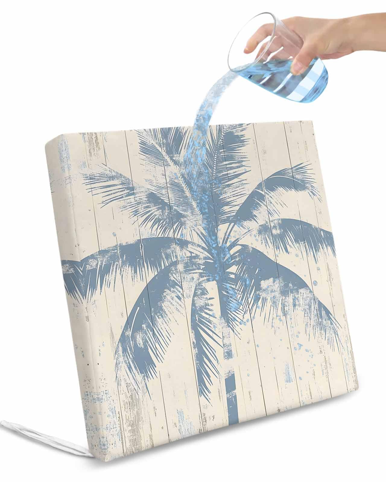 2 Pack Blue Palm Tree Waterproof Cushion Covers with Ties, Outdoor Patio Chaise Lounge Chair Seat Cushion Slip Covers Replacement(Only Cover) Coastal Summer Wooden 20