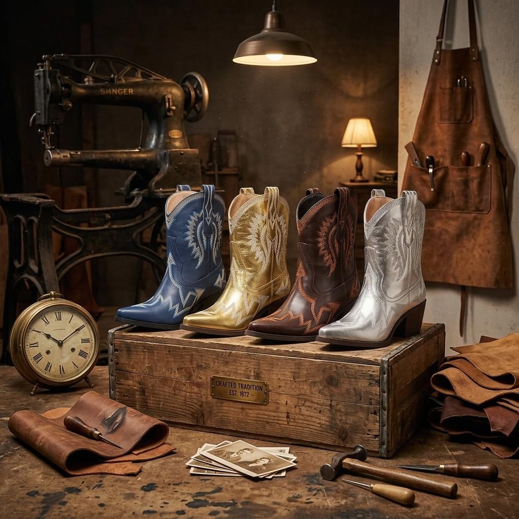 Western Boots for Women Metallic Embroidered Pointed Toe Cowgirl Boots Chunky Heel Pull-On Short Cowboy Boots Wide Calf Country Ankle Boots