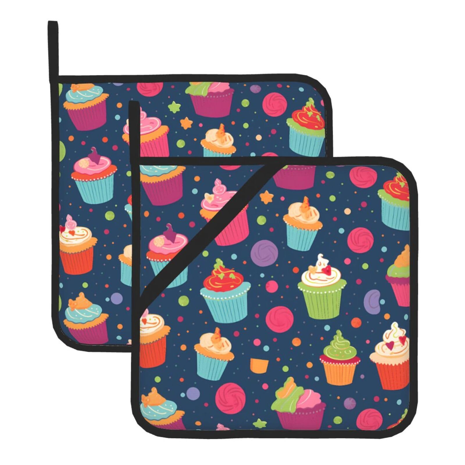 HJFCZH Colorful Cupcakes Printed Square Insulated Pot Mat Set (2-Piece) 8x8in Waterproof, Thickened & Easy to Clean with Lanyard Design for Kitchen, Oven & BBQ