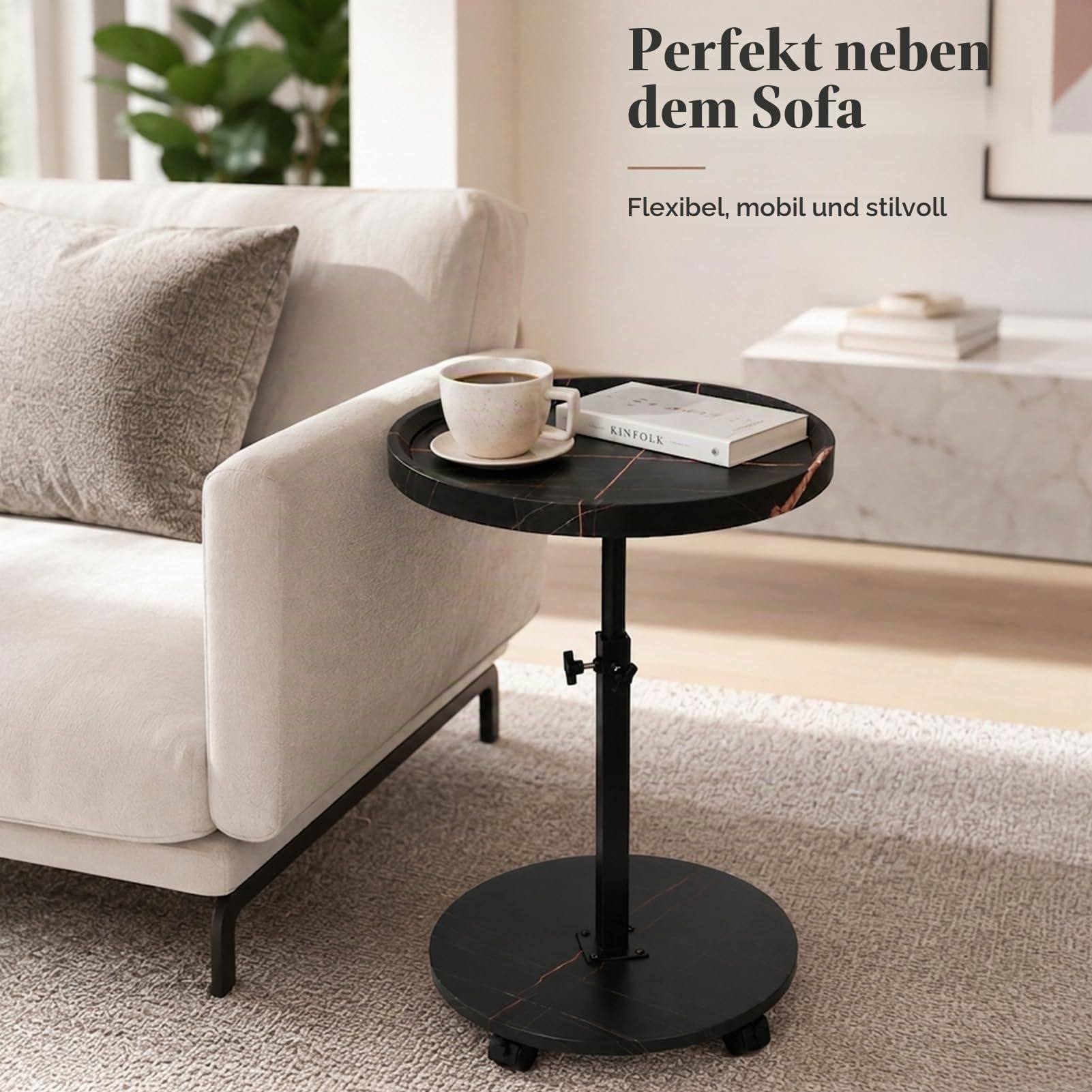 Beistelltisch Rund mit Rollen | Beistelltisch Höhenverstellbar (45-80cm) | Runde Beistelltische Holz Haben 360° Rotierend Nussbaum Finish | Couchtisch Klein für Wohnzimmer Sofa Couch (Schwarz)