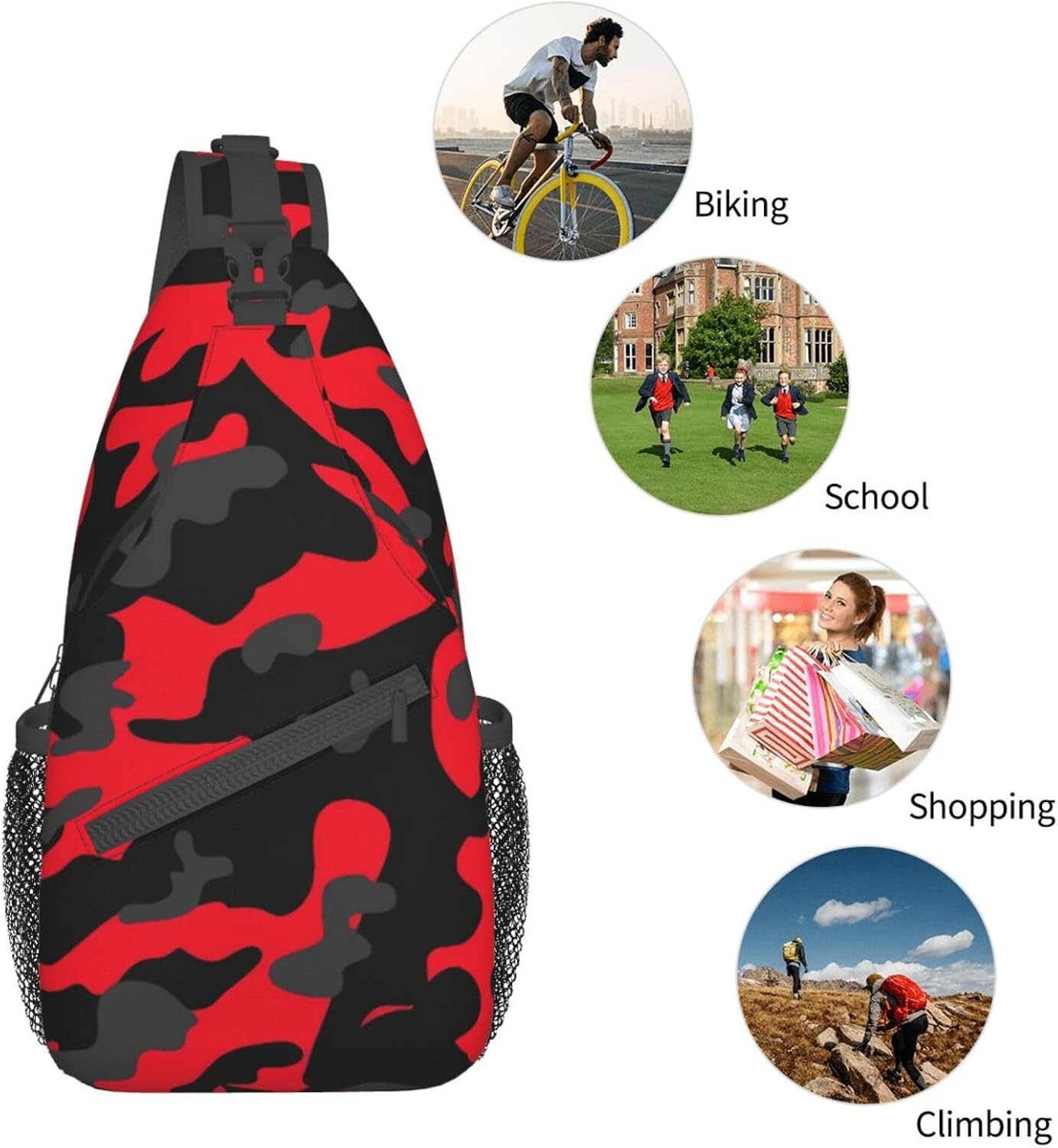 Red And Black Camo Camouflage Sling Bag For Women Men Travel Hiking Backpack Crossbody Shoulder Chest Bags Casual Daypack Sport