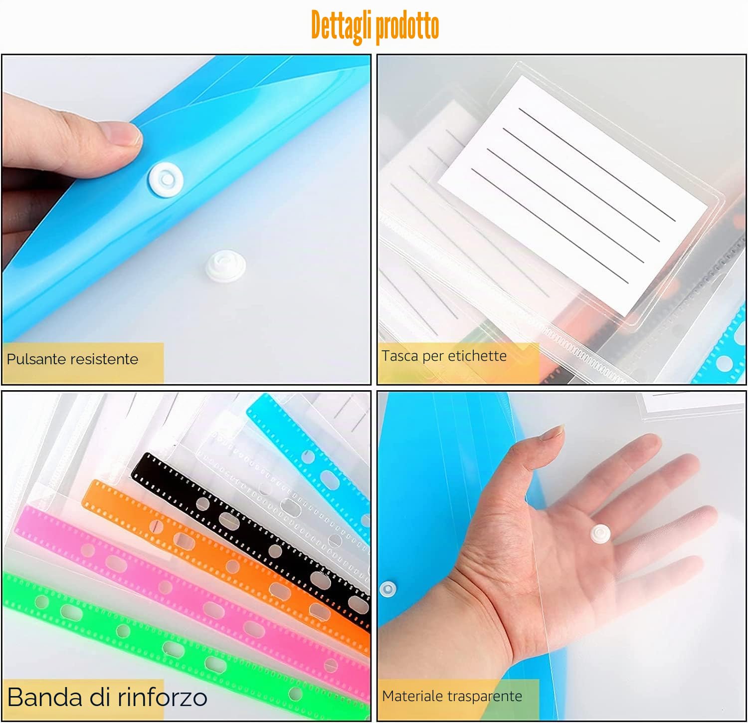 KAHEIGN 16 Pezzi Tasche Perforate Espandibili, 8 Colori Portafogli in Plastica A4 File di Documenti Cartelle Popper Raccoglitore ad Anelli A4 con Chiusura a Scatto, Tasca per Etichetta e Anello