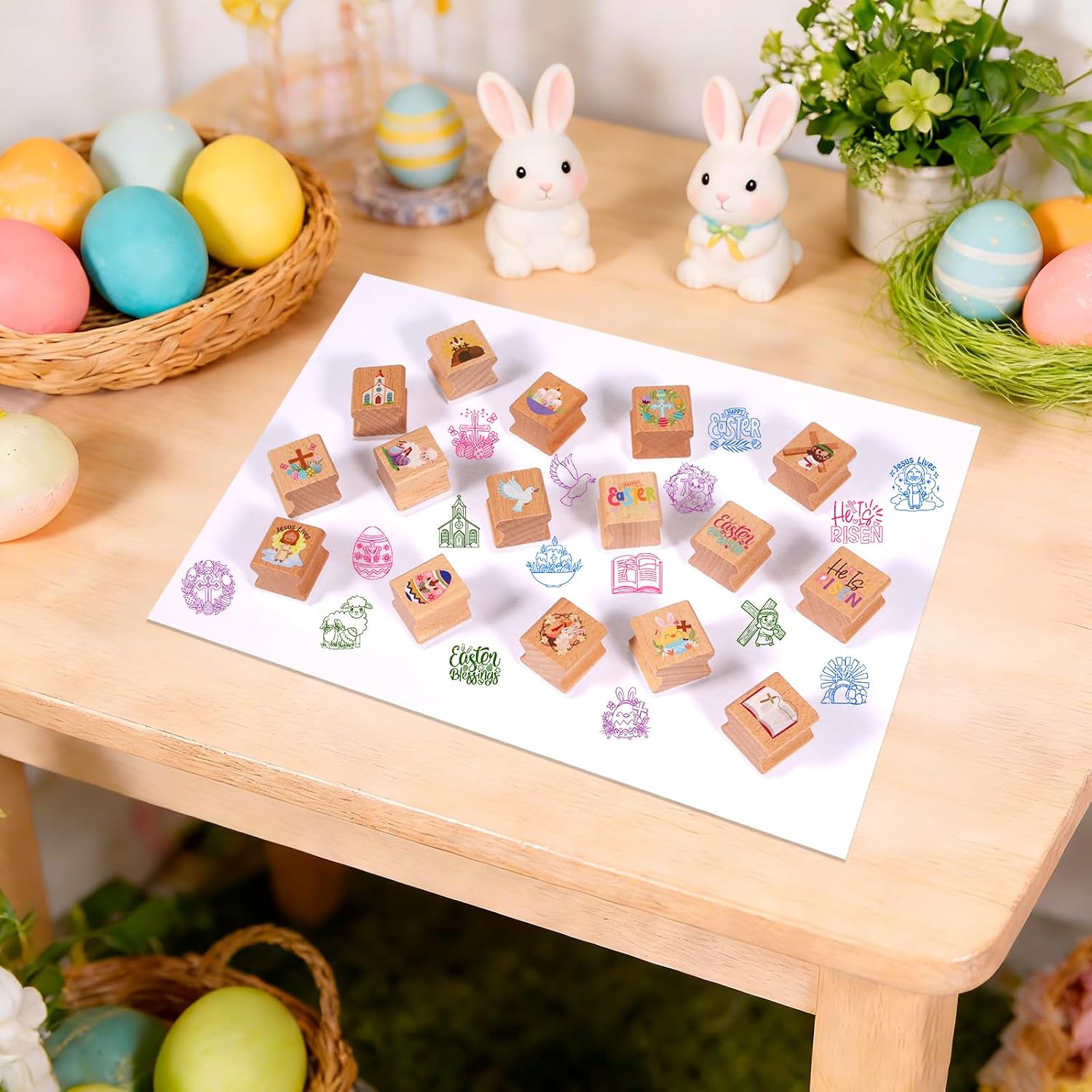 HOWAF 16Pcs Religious Easter Stamps, Easter He is Risen Wood Stamps Rubber Stamp with Cross Jesus Bunny Eggs for Spring Crafts Supplies, He is Risen Inking Stamp
