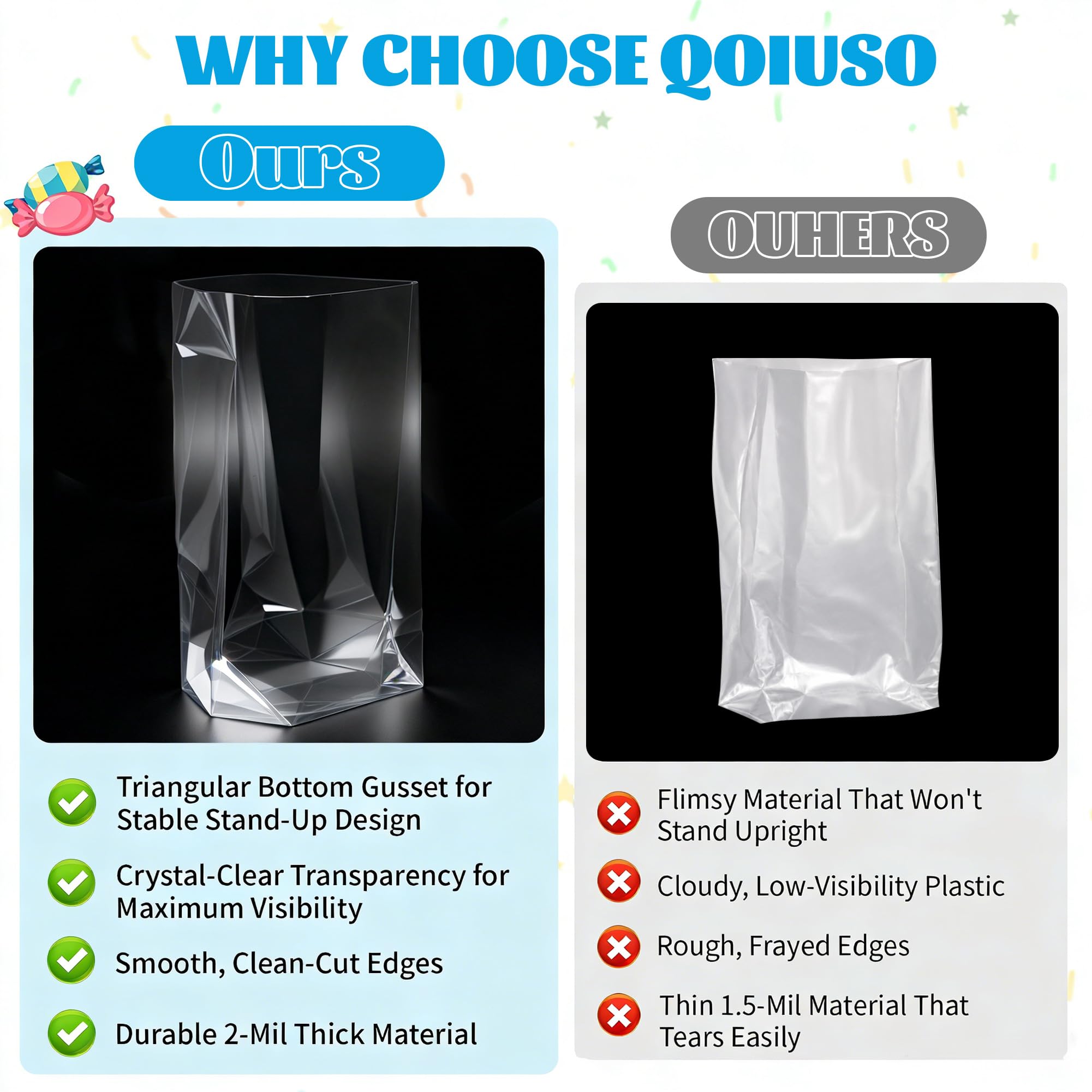 Przezroczyste torby na prezenty z dolnym klinem: 50 szt. 15 x 23 cm torby celofanowe z wiązaniami skręconymi - idealne na smakołyki, cukierki, smakołyki, ciasteczka, bochenki i upominki imprezowe