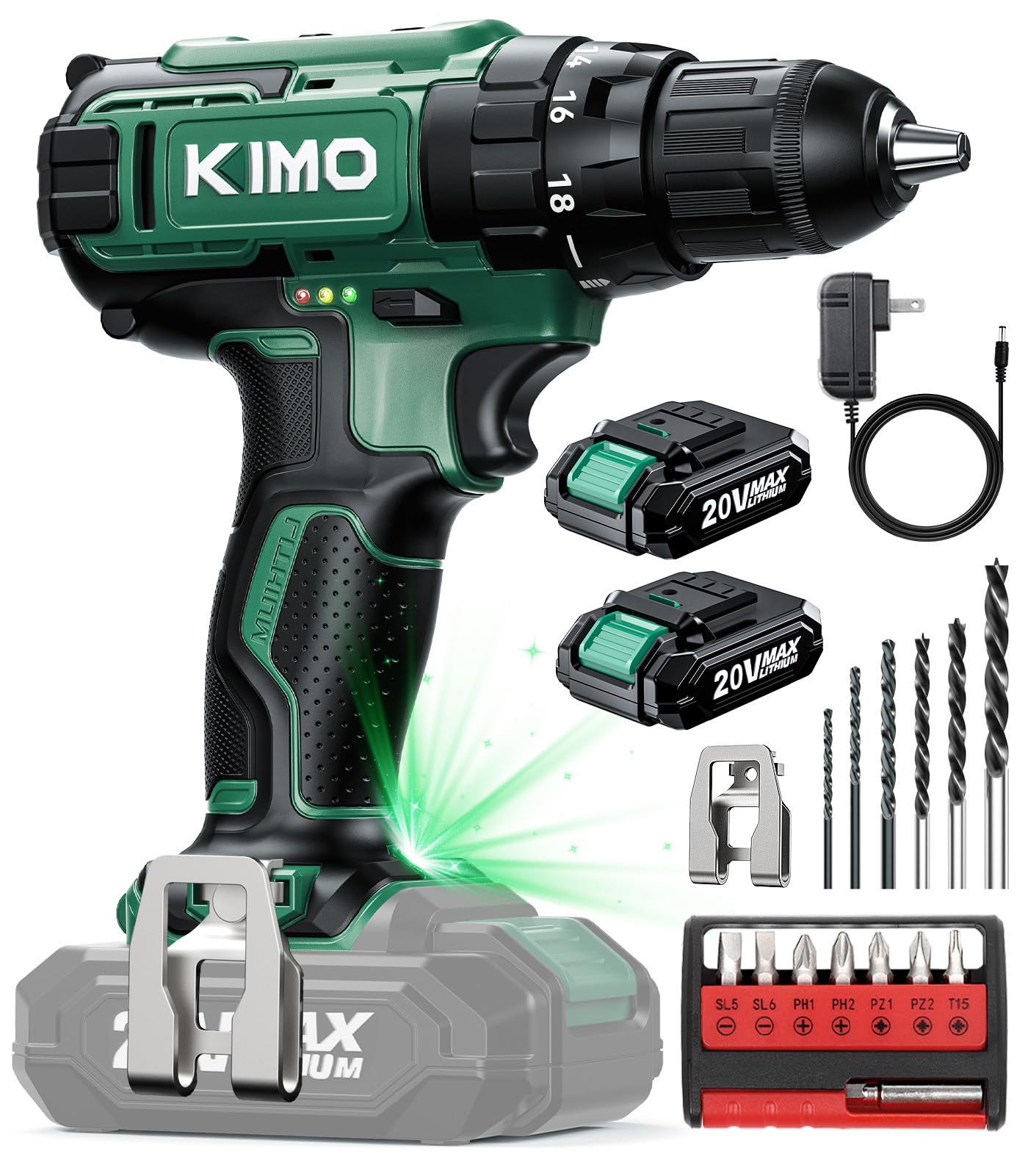 KIMO Drill - 20V Cordless Drill Set w/2 X Batteries and Charger, 3/8" Keyless Chuck, Max 350 In-lb Torque, 1350 RPM, 18+2 Clutch, 18pcs Accessories, Power Drill for Drilling Wood Bricks Walls Metal