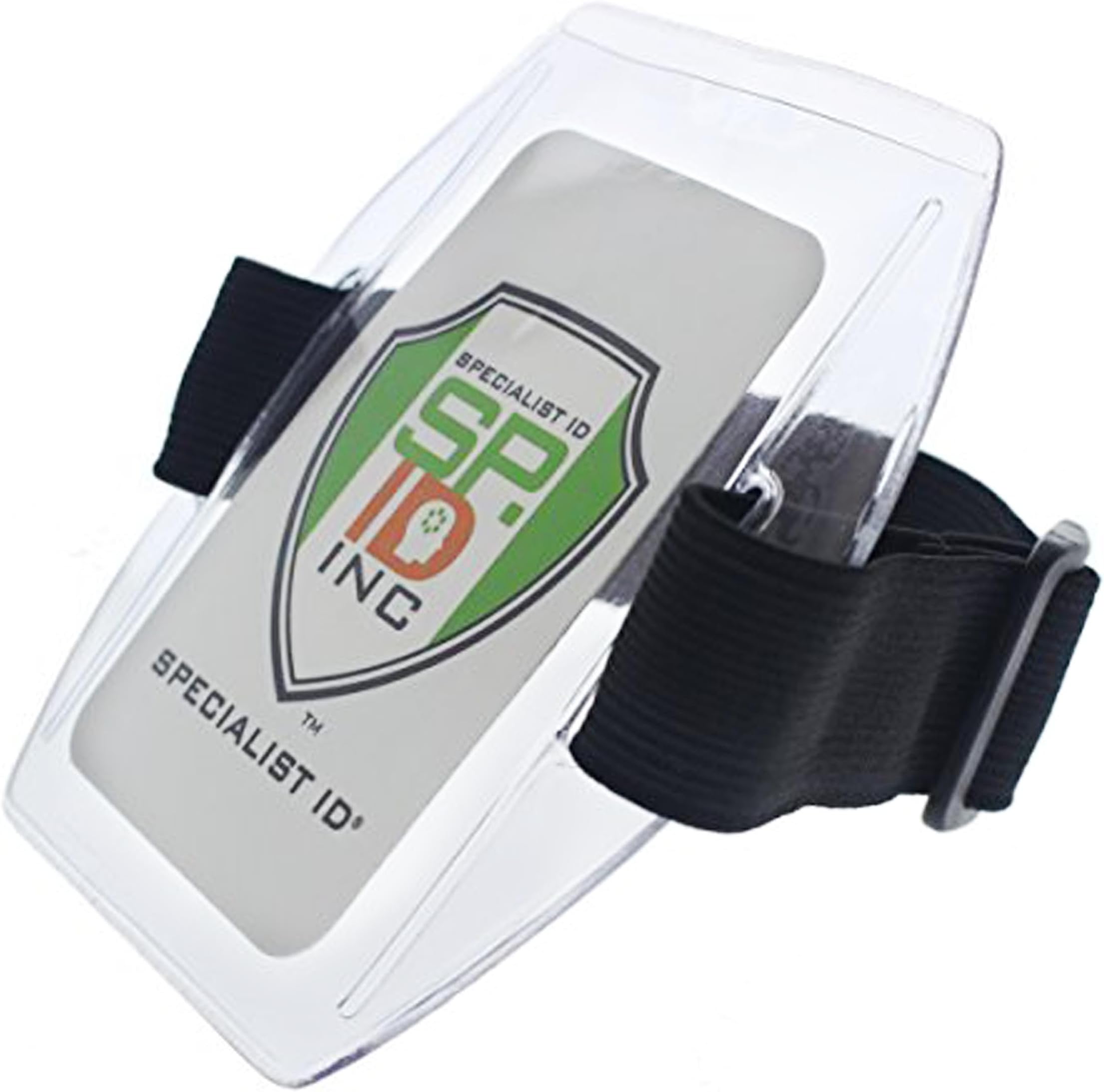 2 Pack - Armband Badge Holder with Black Adjustable Elastic Arm Band & Hook and Loop Fastener - Secure, Clear Plastic Display of Work I'd Card, Ski Pass, Lift Ticket & More by Specialist ID