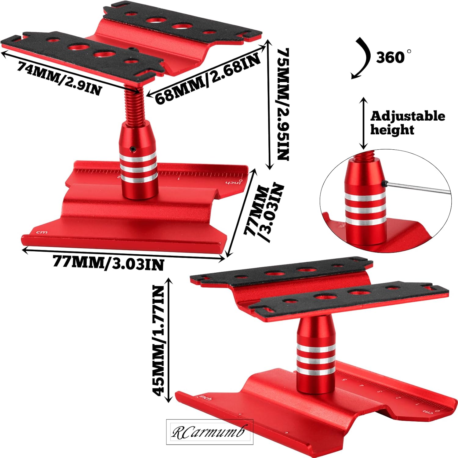 2-Pack RC Work Stand Bundle for 1/18 1/24 1/30 1/32 TRX4M K10 SCX24 FCX24 K5 AX24 SCX30 Ascent-32, 360° Rotating Display Stand & Height Adjustable Lift Table w/ 4 Pcs Jack Stands,Black w/Black