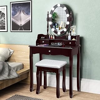 Byroce Vanity Set with Cushioned Stool, Makeup Table with 360Â° Rotating Lighted Oval Mirror, 3 Drawers, 10 LED Lights, Modern Retro Dressing Table for Bedroom, Brown (BC-HW66052US-CF)