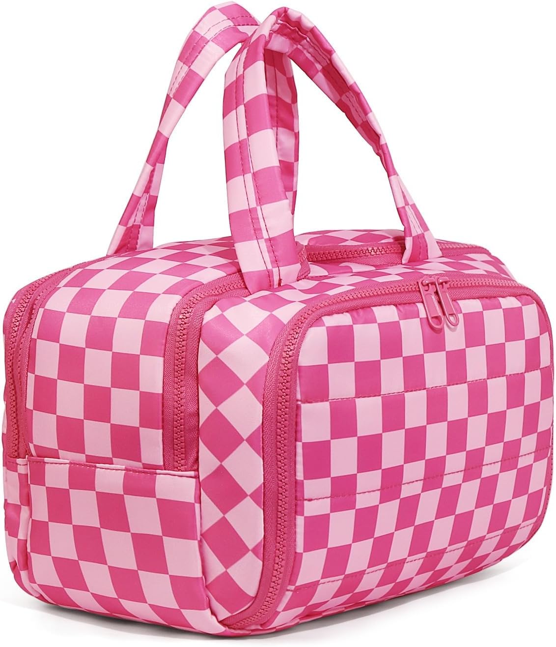Travel Toiletry Bag, Spacious Hot Pink Checkered Toiletry Bag for Women,Large Toiletry Bags for Traveling,Lightweight Travel Cosmetic Makeup Bag Organizer for Accessories,Toiletries (Pink Checkered)