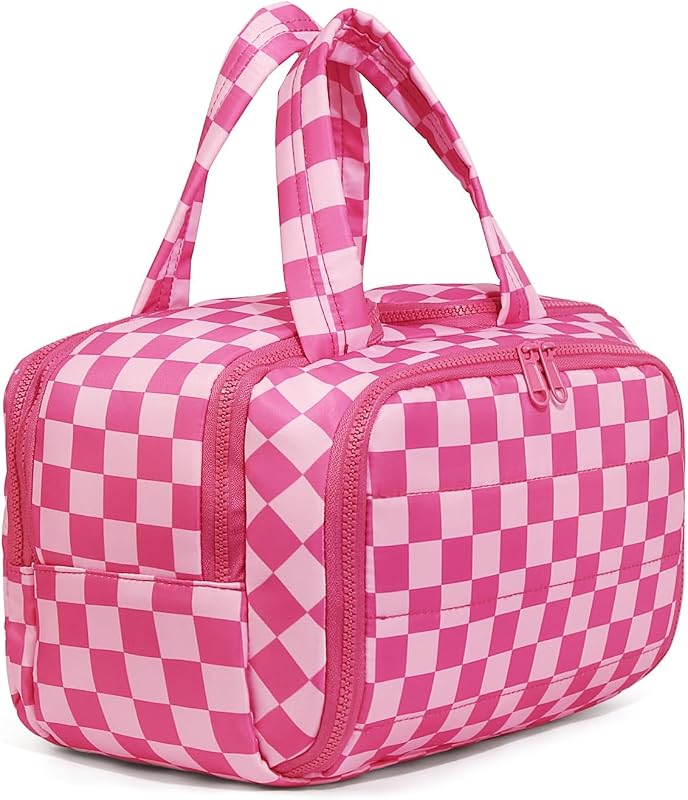 Necessaire de viagem LETGO em nylon xadrez rosa com compartimentos e zíper