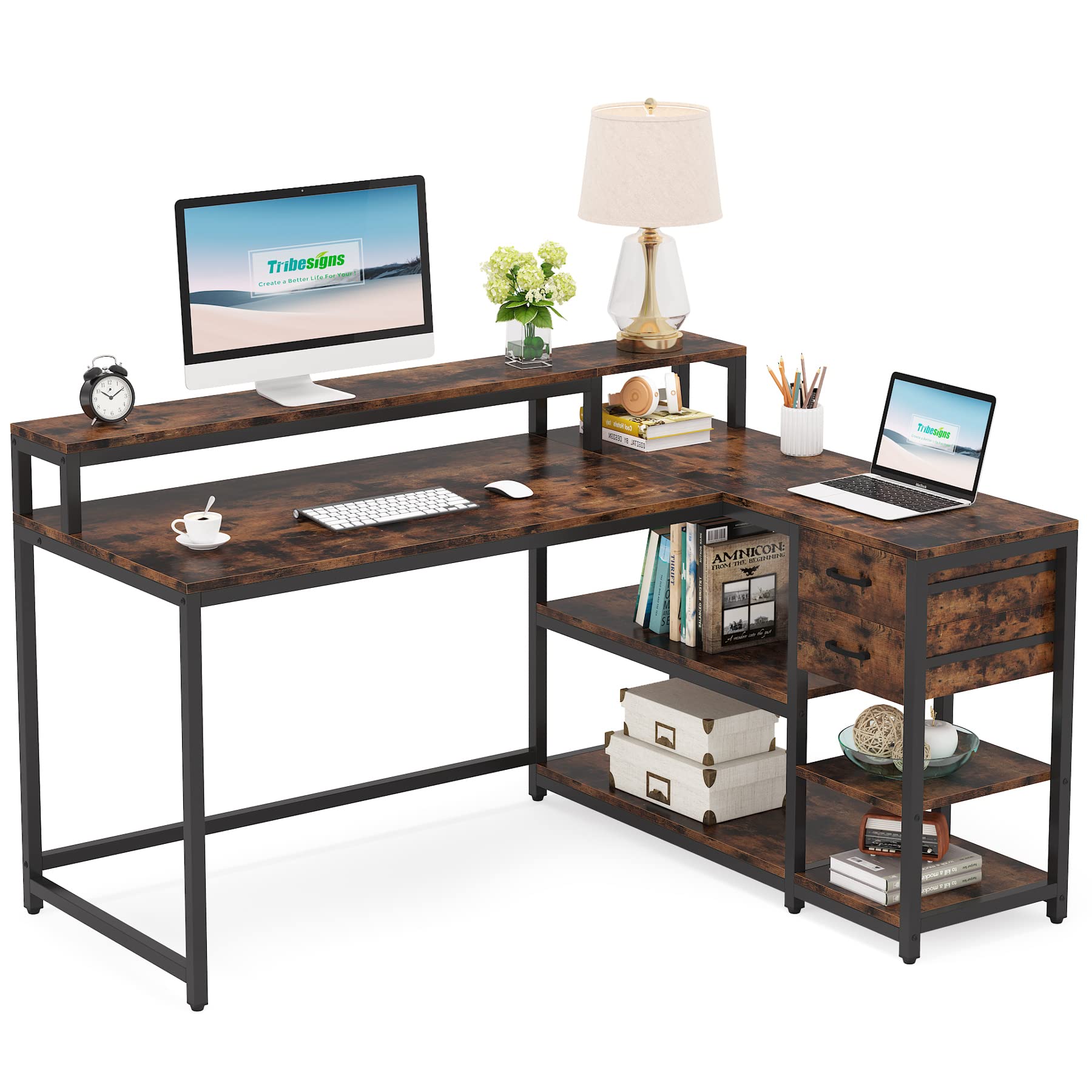 Buy Tribesigns Reversible L Shaped Desk with Drawer, Industrial Corner