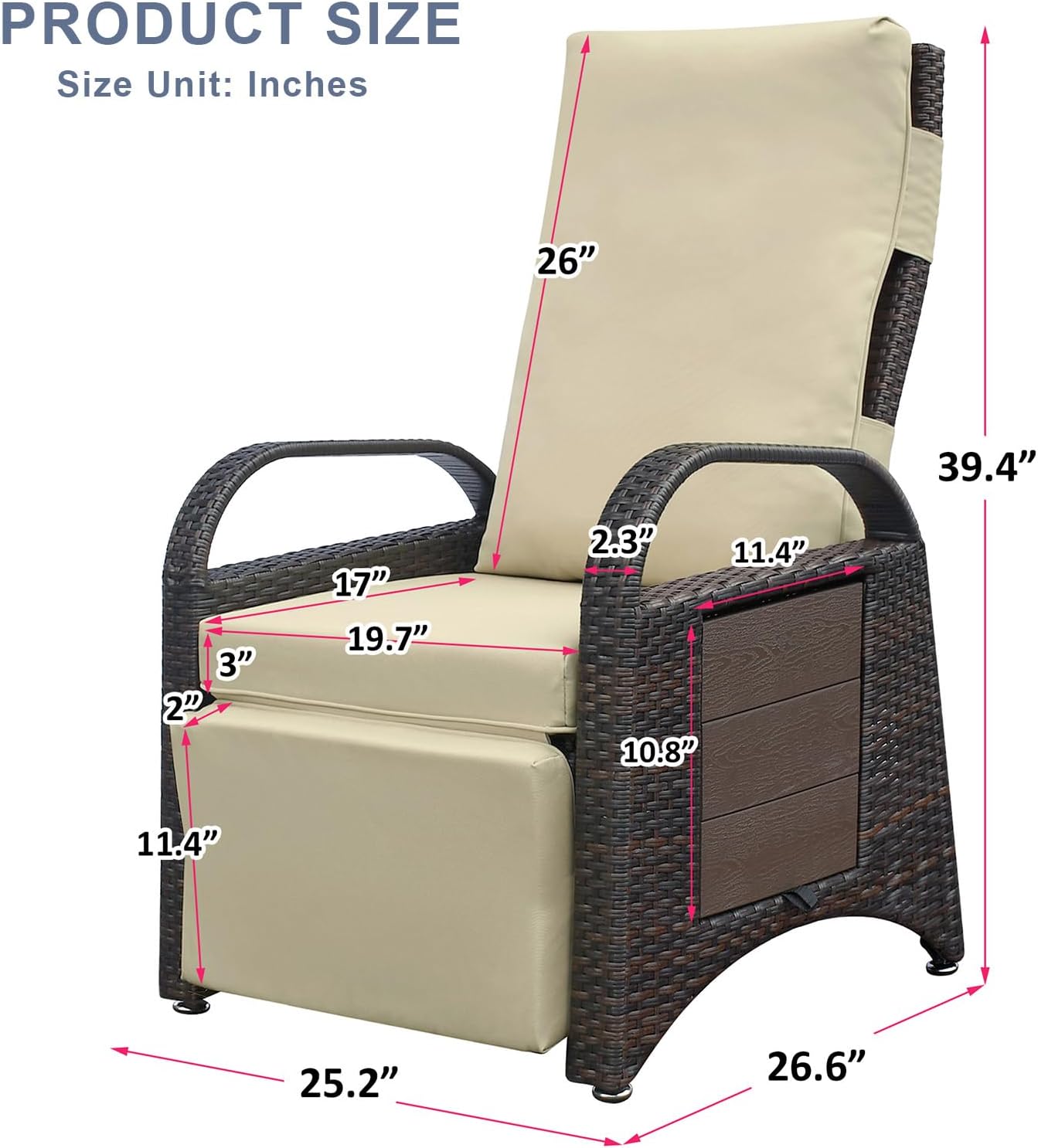 Skypatio Outdoor Recliner Chair, Independently Adjustable Backrest and Footrest All-Weather Wicker Patio Reclining Lounge Chair with Flip Side Table,Khaki