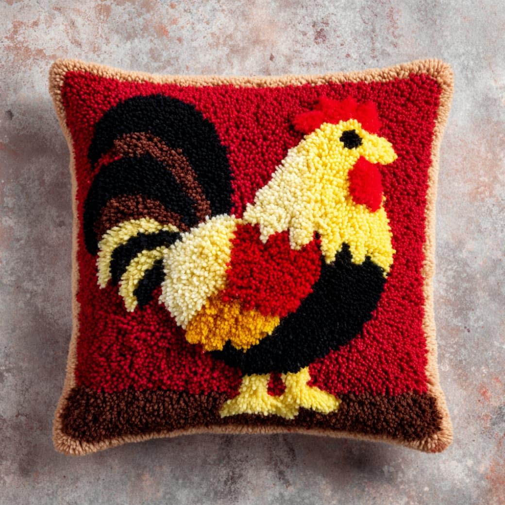 AxiangziK DIY Latch Hook Cushion Cover Kit 43x43cm,Rooster and Chicks