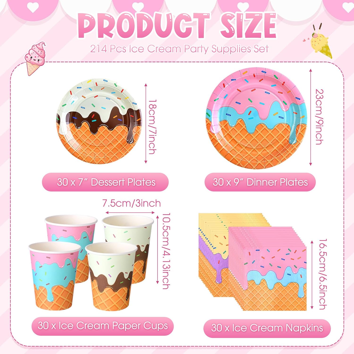 Domensi 214 Pcs Ice Cream Party Supplies for 30 Guests Includes Ice Cream Banner, Plates, Napkins, Cups, Tablecloths, Knives, Forks, Spoons for Birthday Baby Shower Party Tableware Decoration