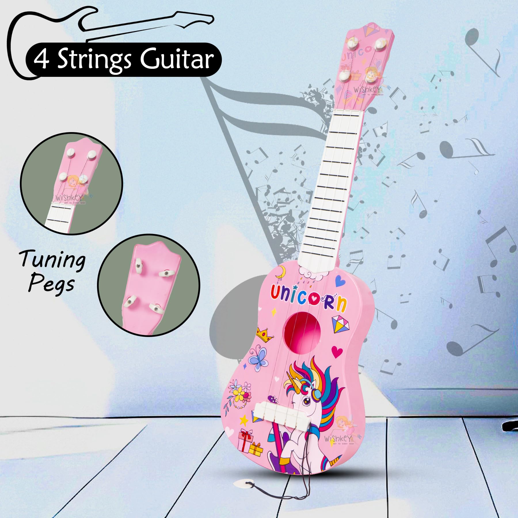 WISHKEY Unicorn Theme Guitar 4 Strings Acoustic Music Toys for Kids, Educational Toy Guitar for Beginners, Musical Instrument, Learning Musical Toy, Sound Toys, Pink, 6+Years, 17" (Pack of 1) - Image 5 thumbnail