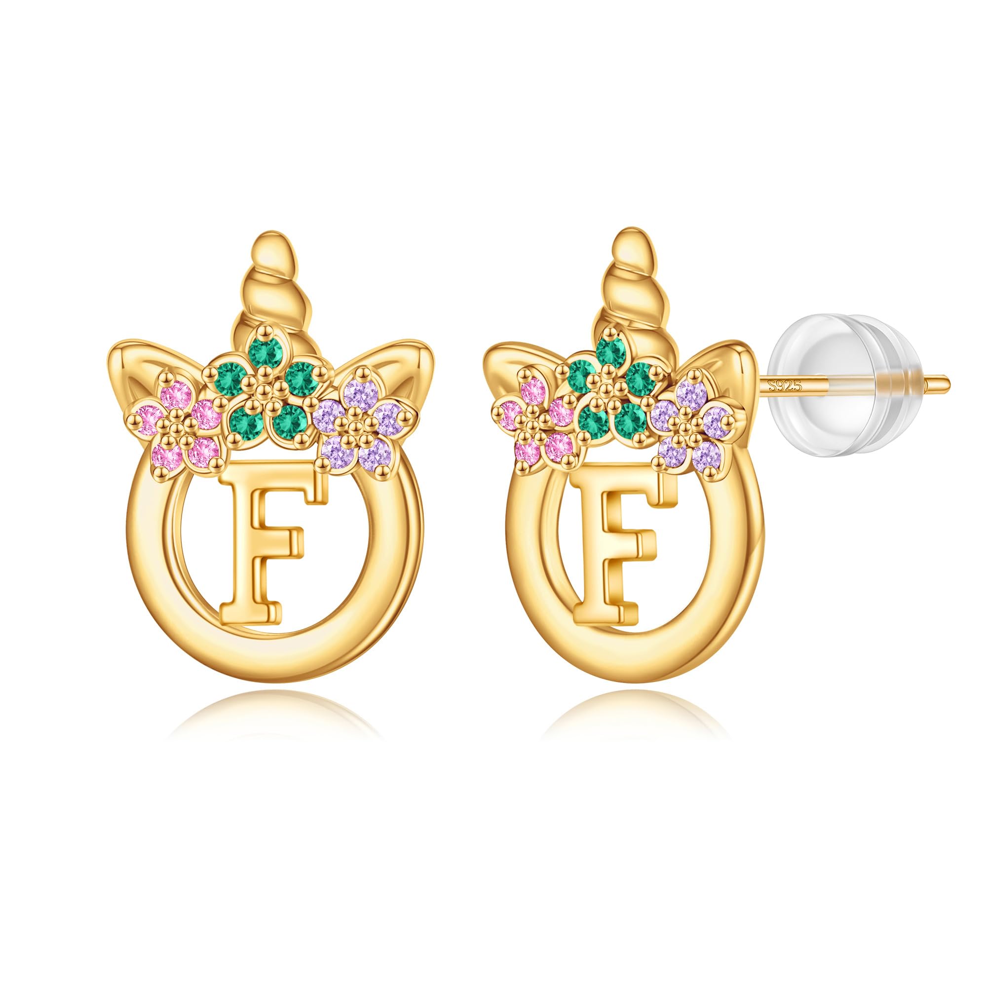 Unicorn Earrings Gifts for Girls - 925 Sterling Silver Stud Earrings Hypoallergenic Initial Unicorn Earring for Girls Kids Jewelry CZ Birthday Gifts