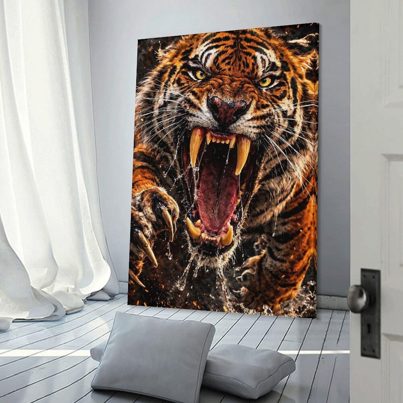 Junmoney Fierce Tiger Roaring with Water Splashes Wall Art Print 24x36inch(60x90cm), for Hallway, Entryway Or Landing, A Neat Decor Update for Hallways, for Everyday Interiors