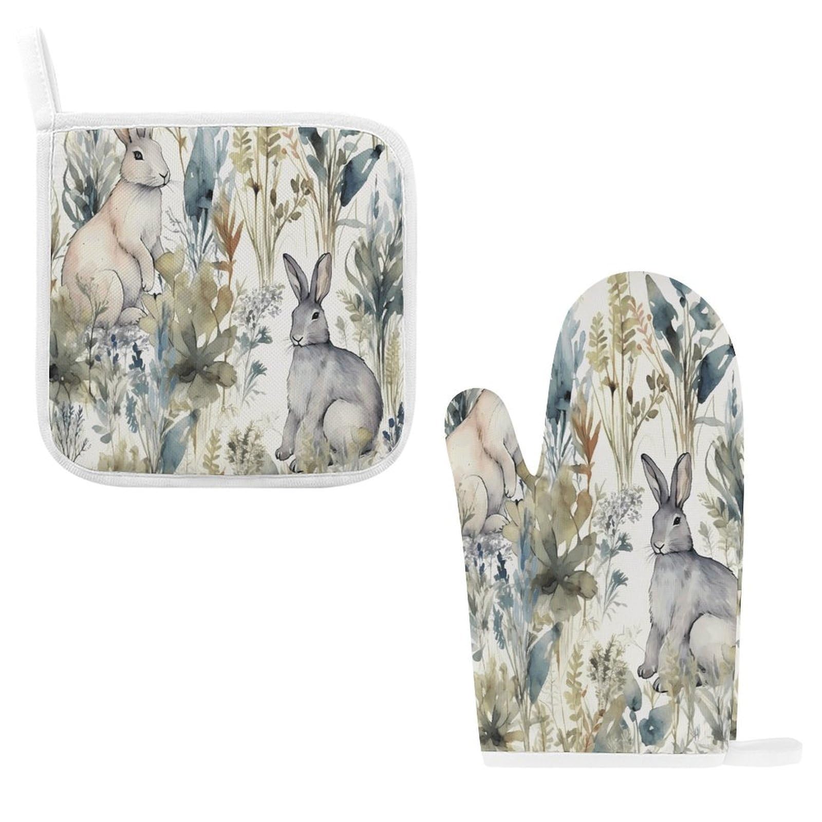 Btcowzrv Style Hand Drawn Rabbit Oven Mitts And Pot Holders 2Pcs Set