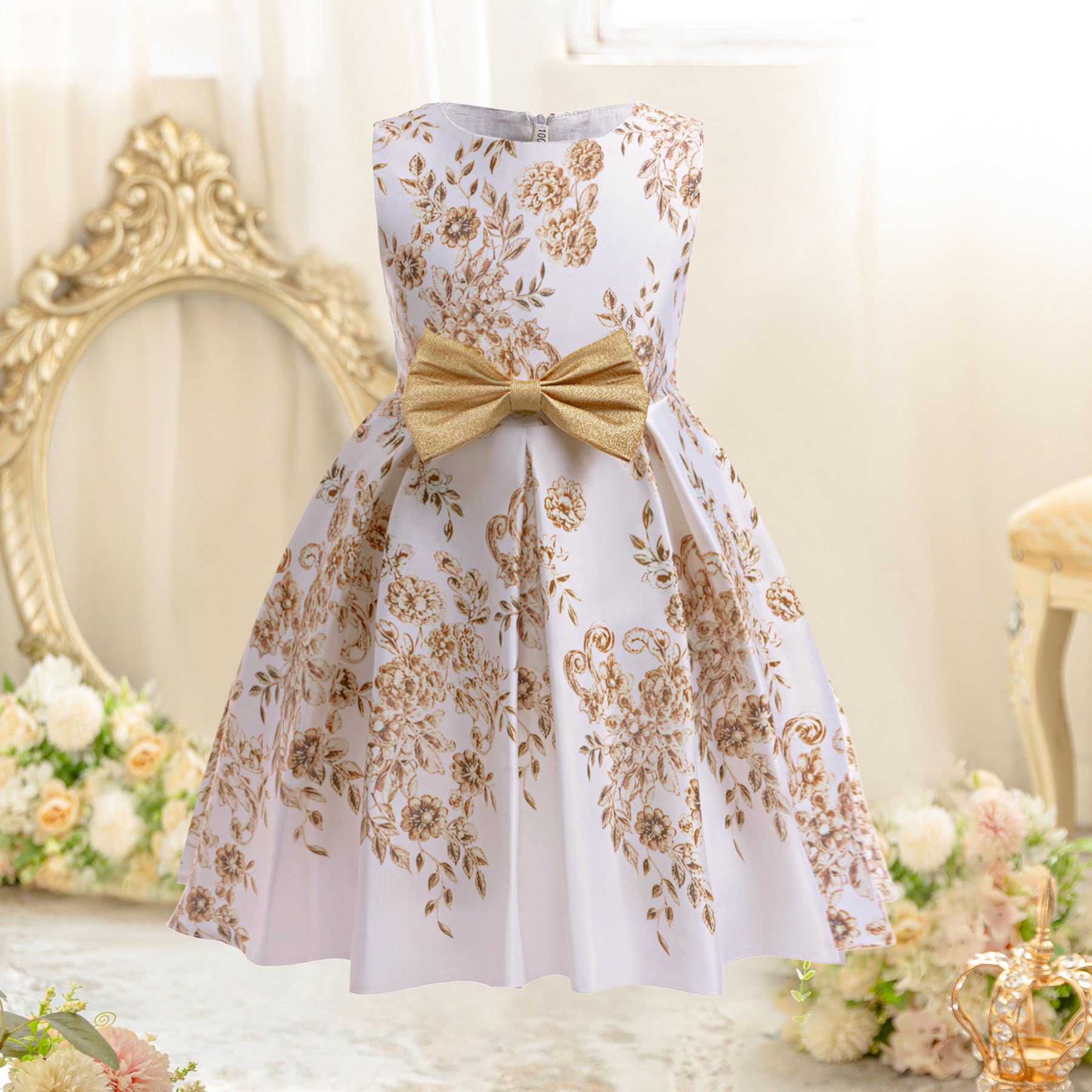 Vestido de niña con estampado floral, sin mangas, con lazo, de princesa, hasta la rodilla