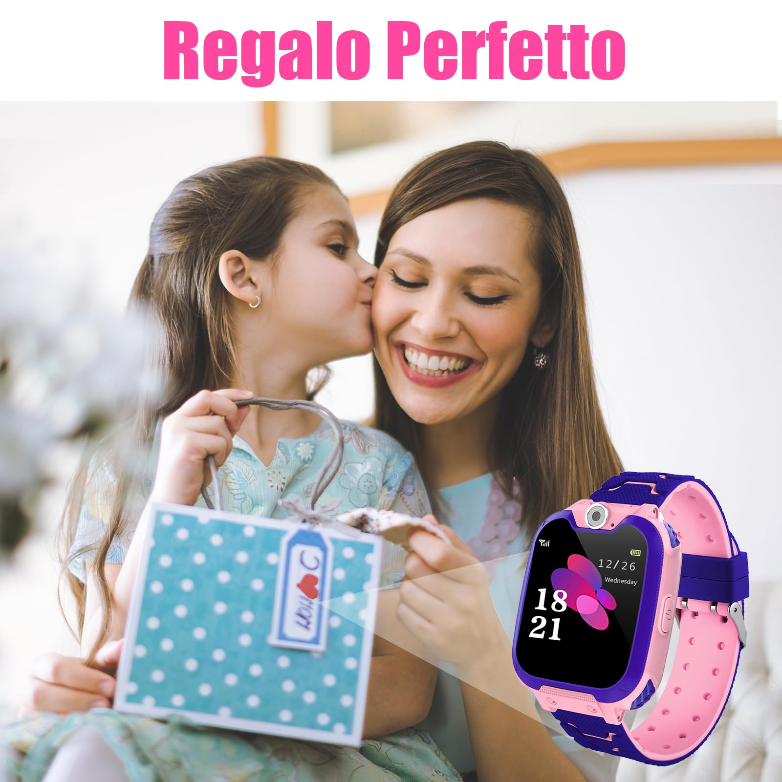 JUMWING Smartwatch per Bambini,Orologio Smartwatch con Chiamata SOS, Fotocamere, Musicale, Torcia, Sveglia, Giocattoli educativi, Regalo per Ragazzi e Ragazze (Rosa)