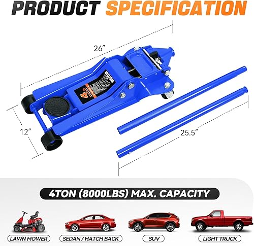 Miniatura 6 de Auto Dynasty Gato de piso de perfil bajo de 4 toneladas, gato hidráulico de acero resistente para automóvil con bomba de elevación rápida de