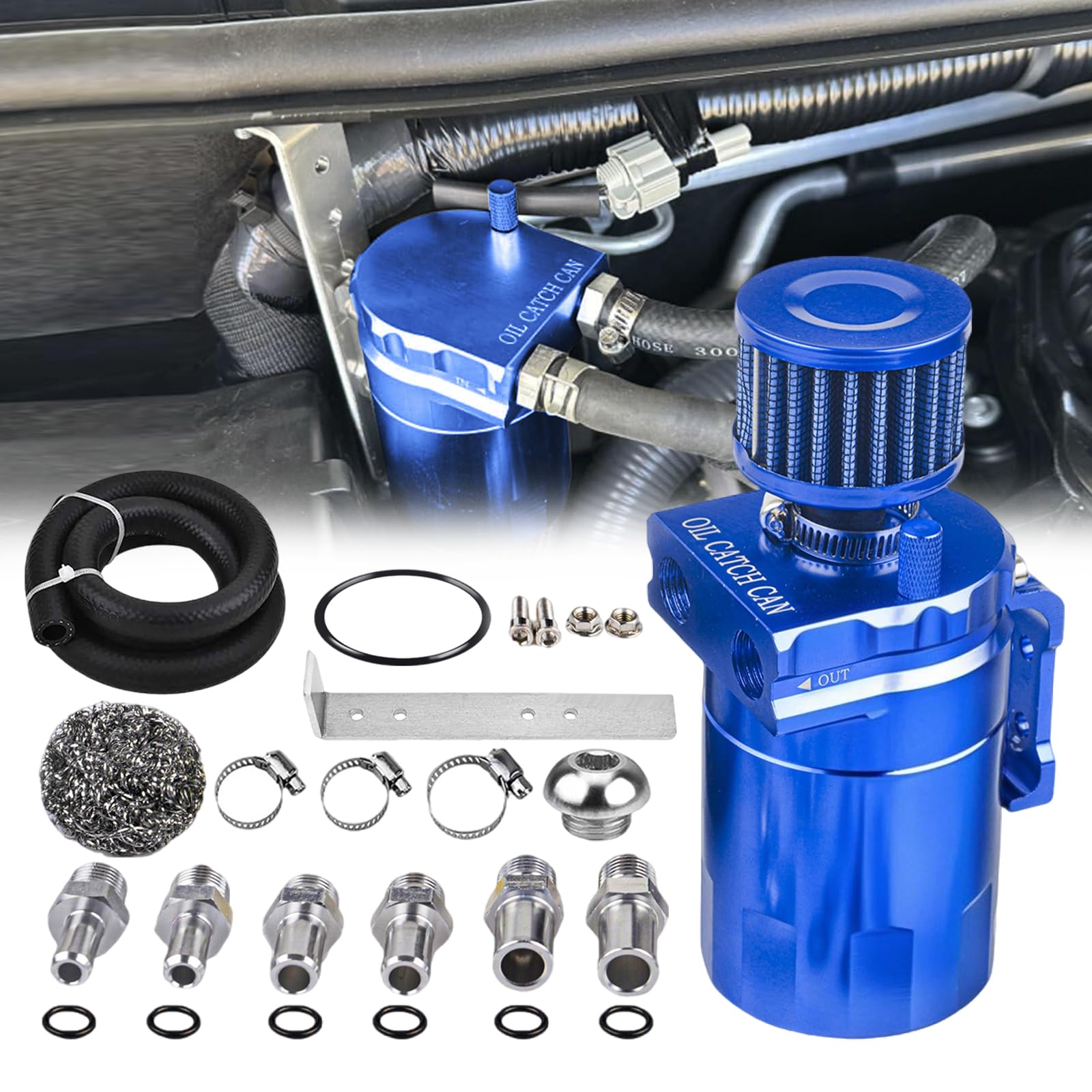 Universal 300ml Aluminum Baffled Oil Separator Catch Can Kit with Installation Bracket and Thickening Tube Blue